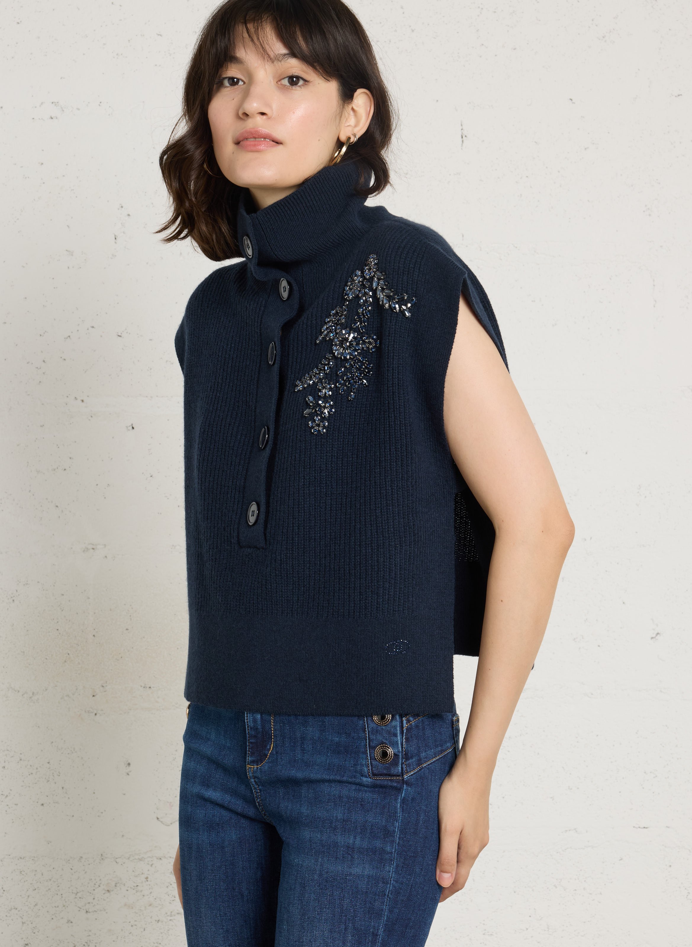 Gilet sans manches col montant en laine LIU JO Bleu