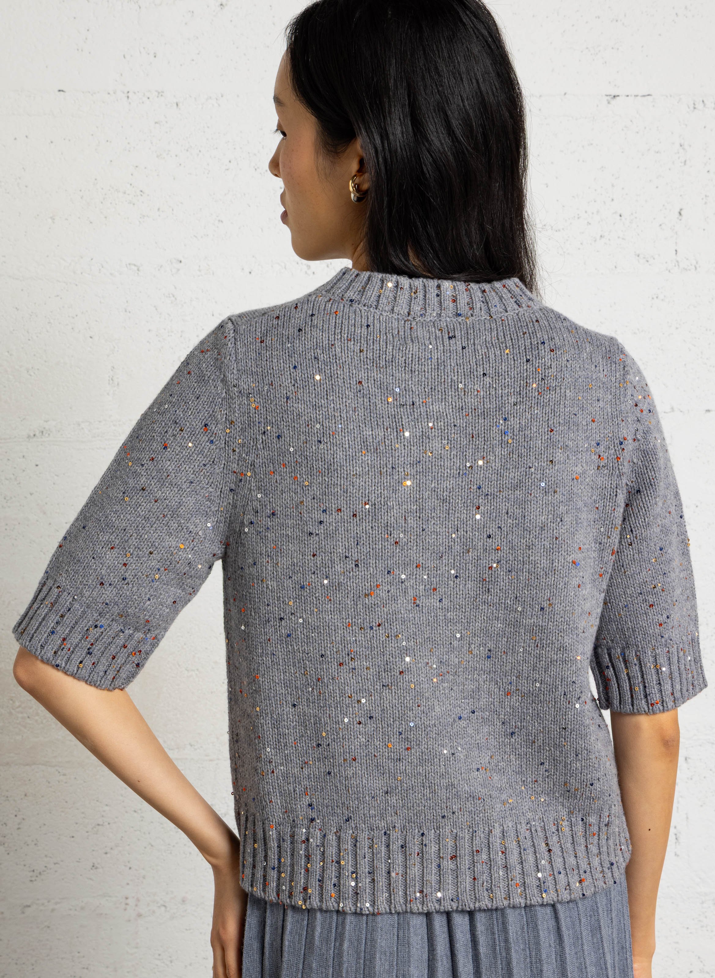 Pull manches courtes à sequins en laine BERENICE Gris