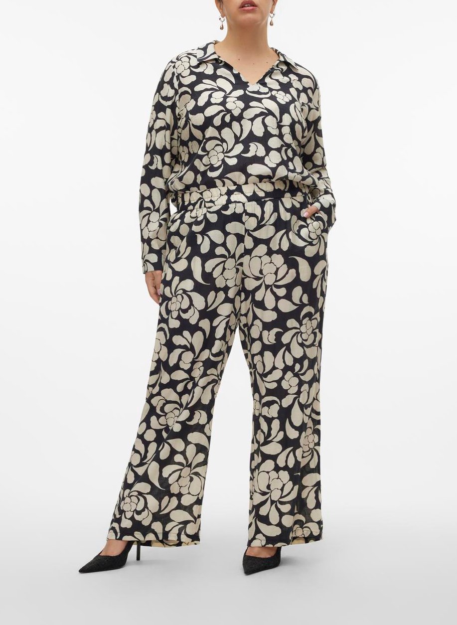 Pantalon large taille haute imprimé VERO MODA CURVE Noir