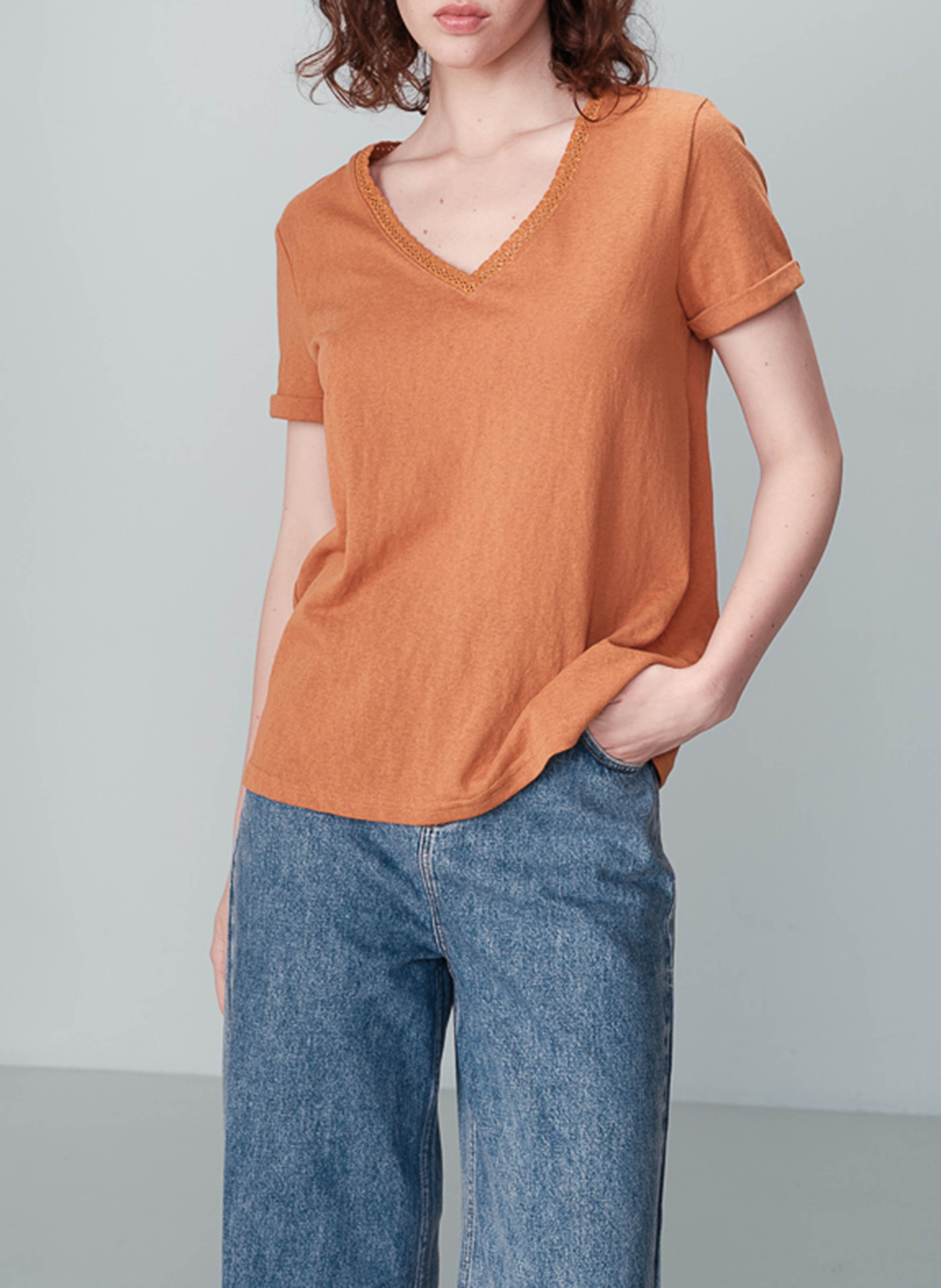 Tee-shirt col V droit en coton mélangé GRACE ET MILA Jaune