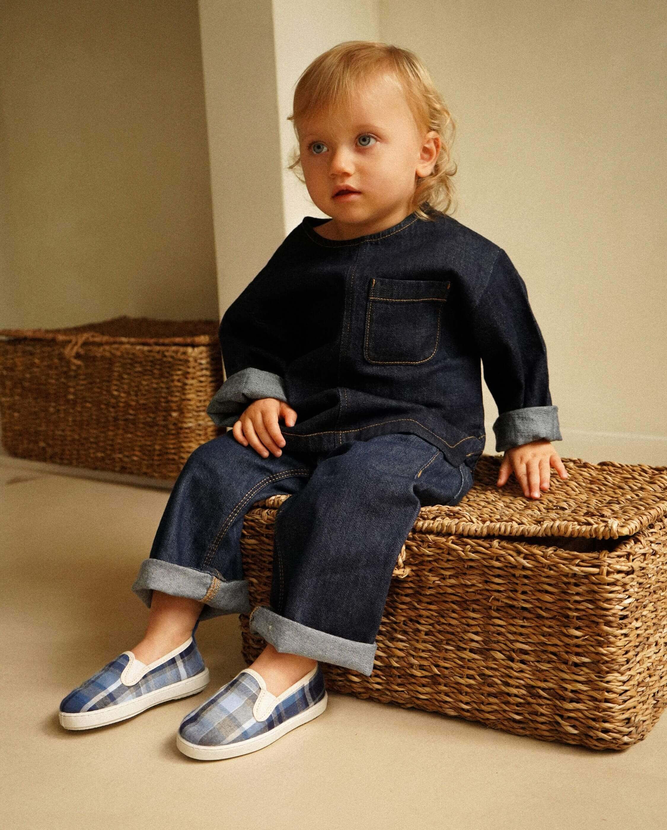 Chausson enfant coton, tartan bleu ANGARDE Bleu