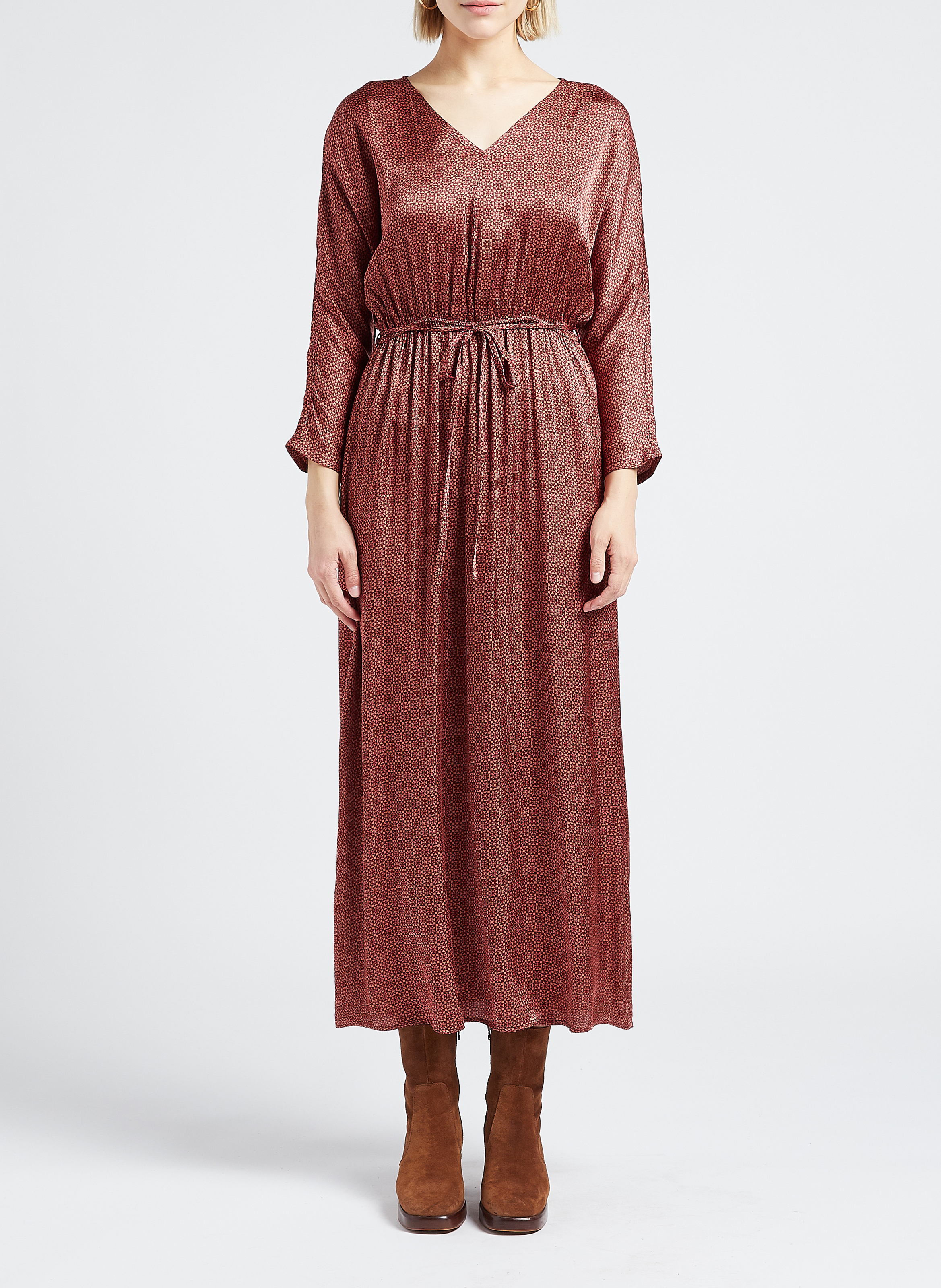 Robe midi col V imprimée  GRACE ET MILA Marron