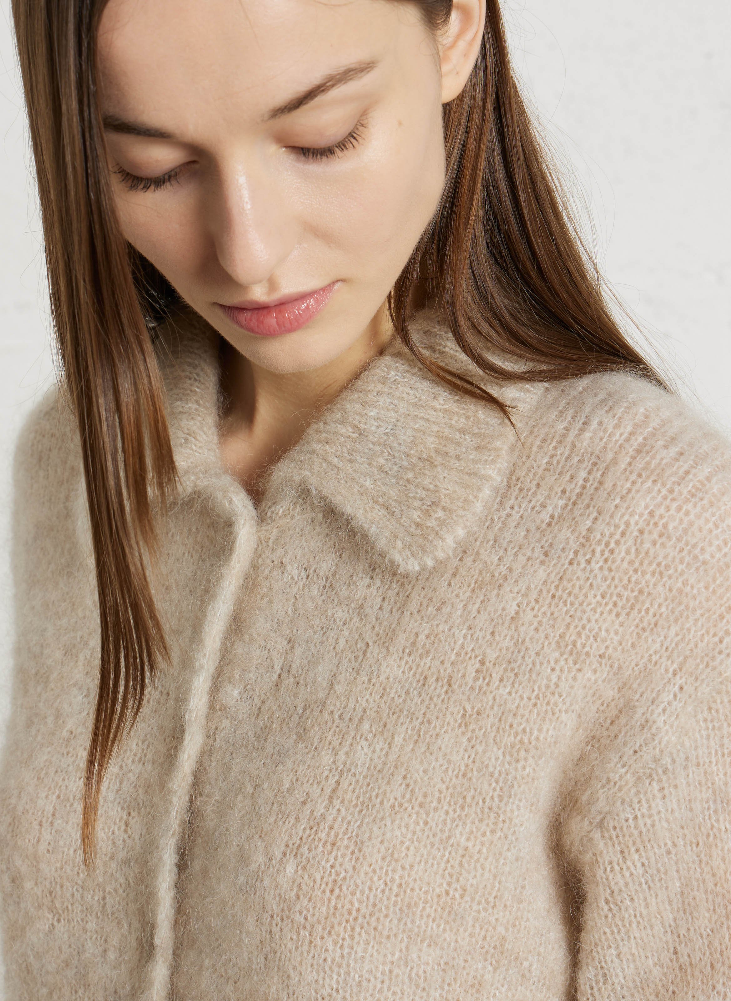 Cardigan col polo en mohair mélangé DES PETITS HAUTS Beige