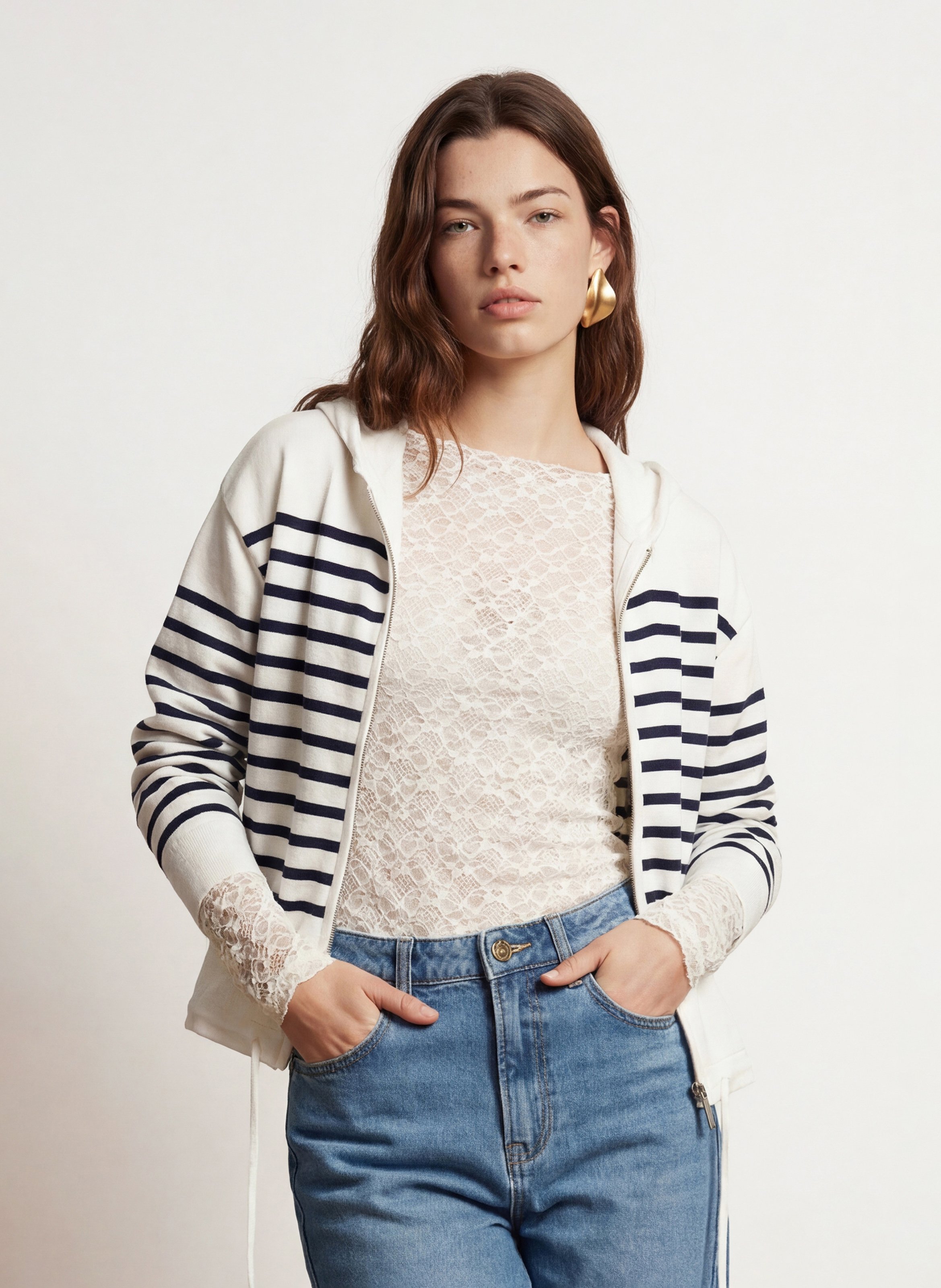 Striped hooded straight vest KOOKAI White