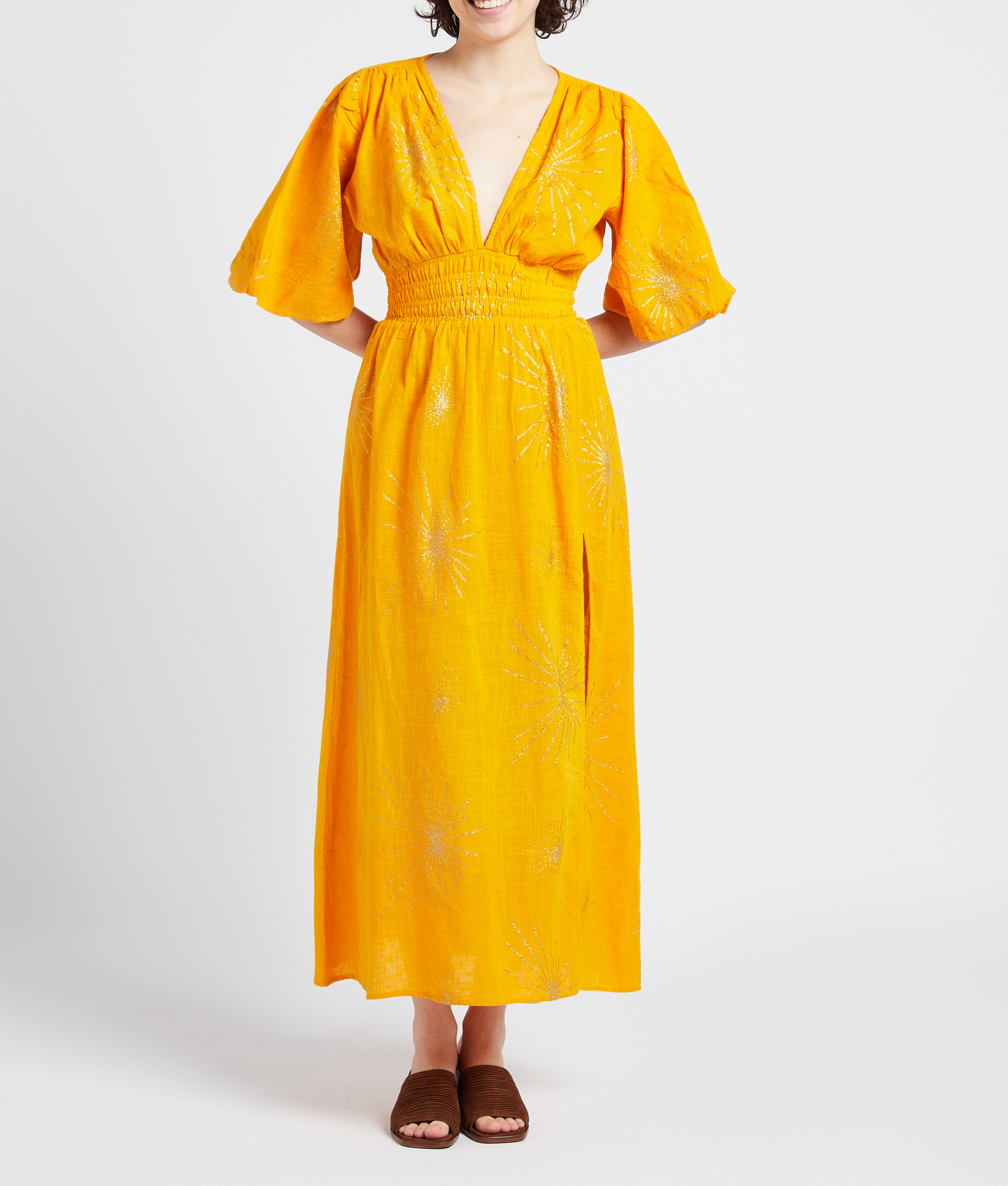Long metallic cotton V-neck dress SUNDRESS Orange
