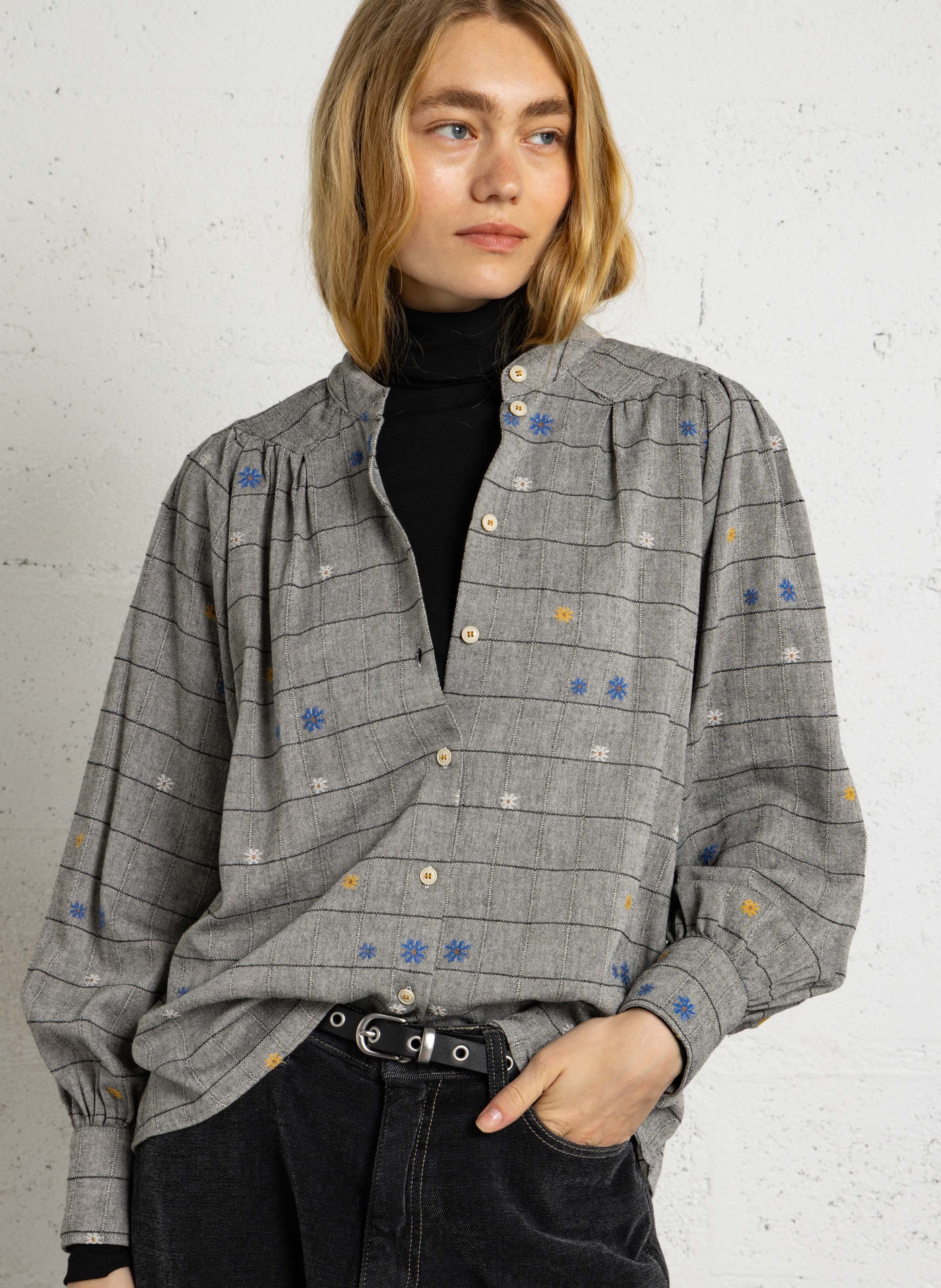 Blouse droite à carreaux en coton mélangé TINSELS Gris