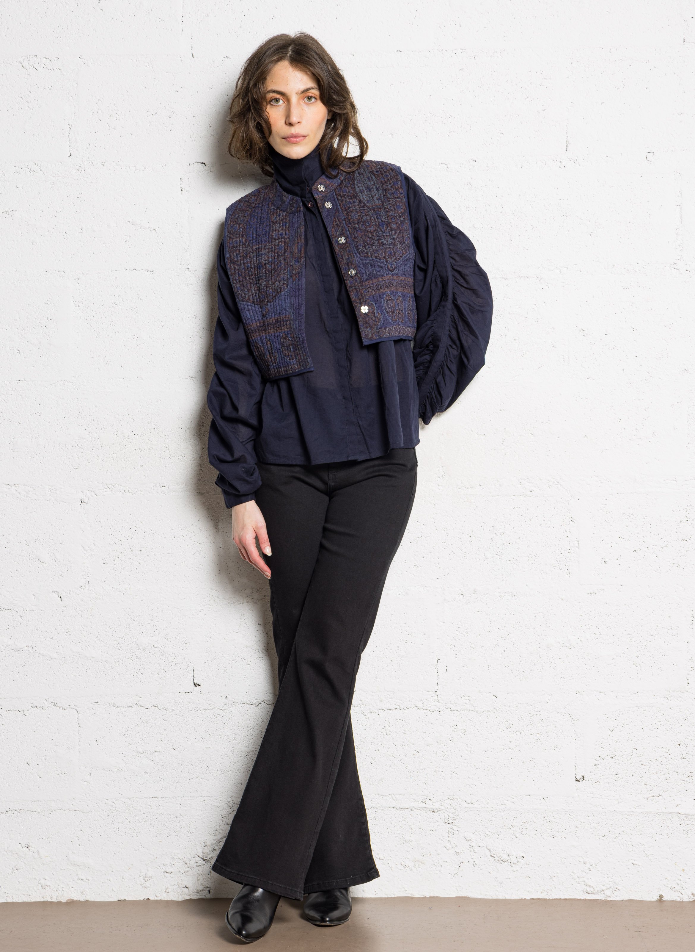 High neck buttoned solid blouse ANTIK BATIK Blue