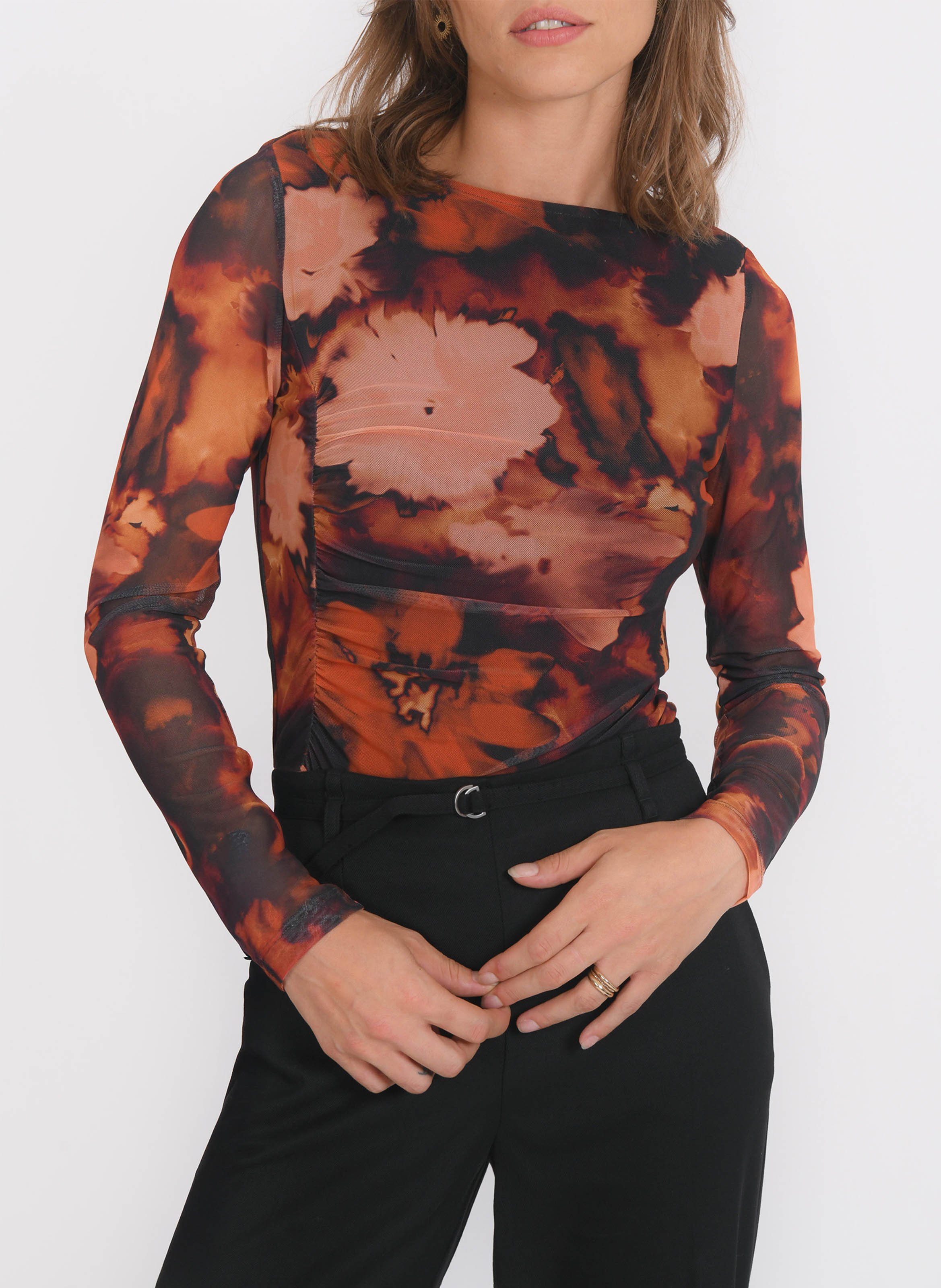 Straight printed round-neck top KOOKAI Brown