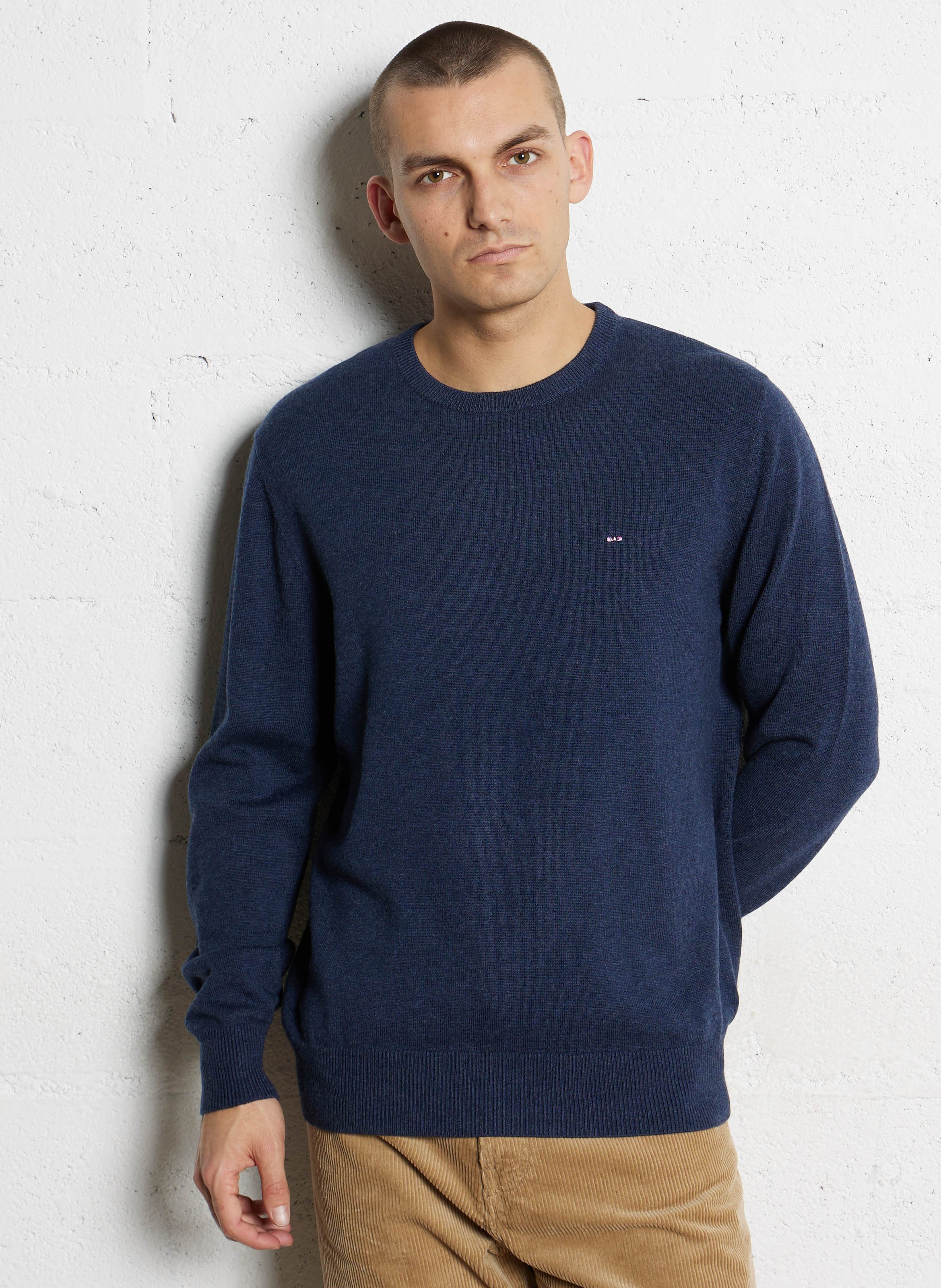 Pull droit col rond en laine et coton EDEN PARK Bleu