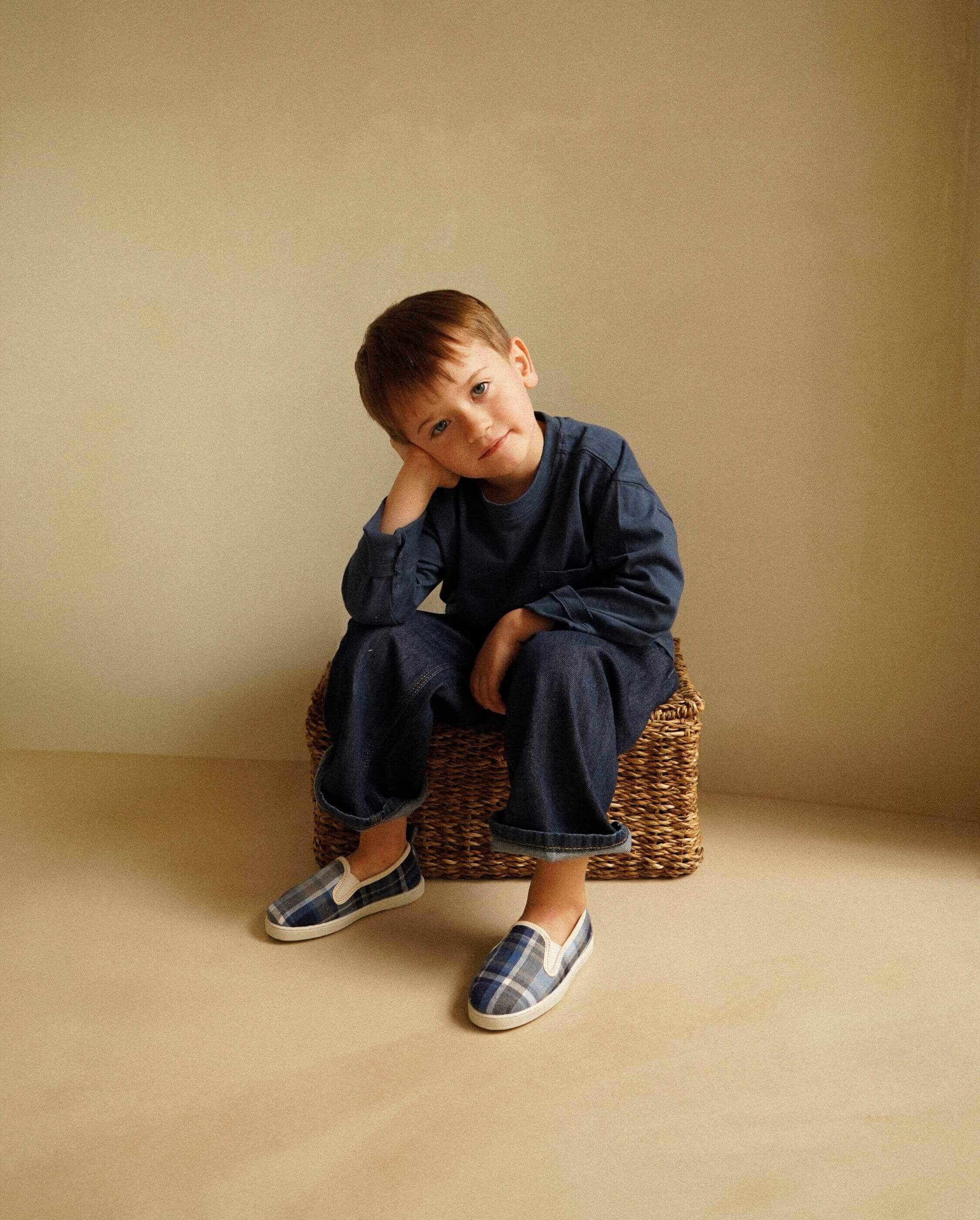 Chausson enfant coton, tartan bleu ANGARDE Bleu