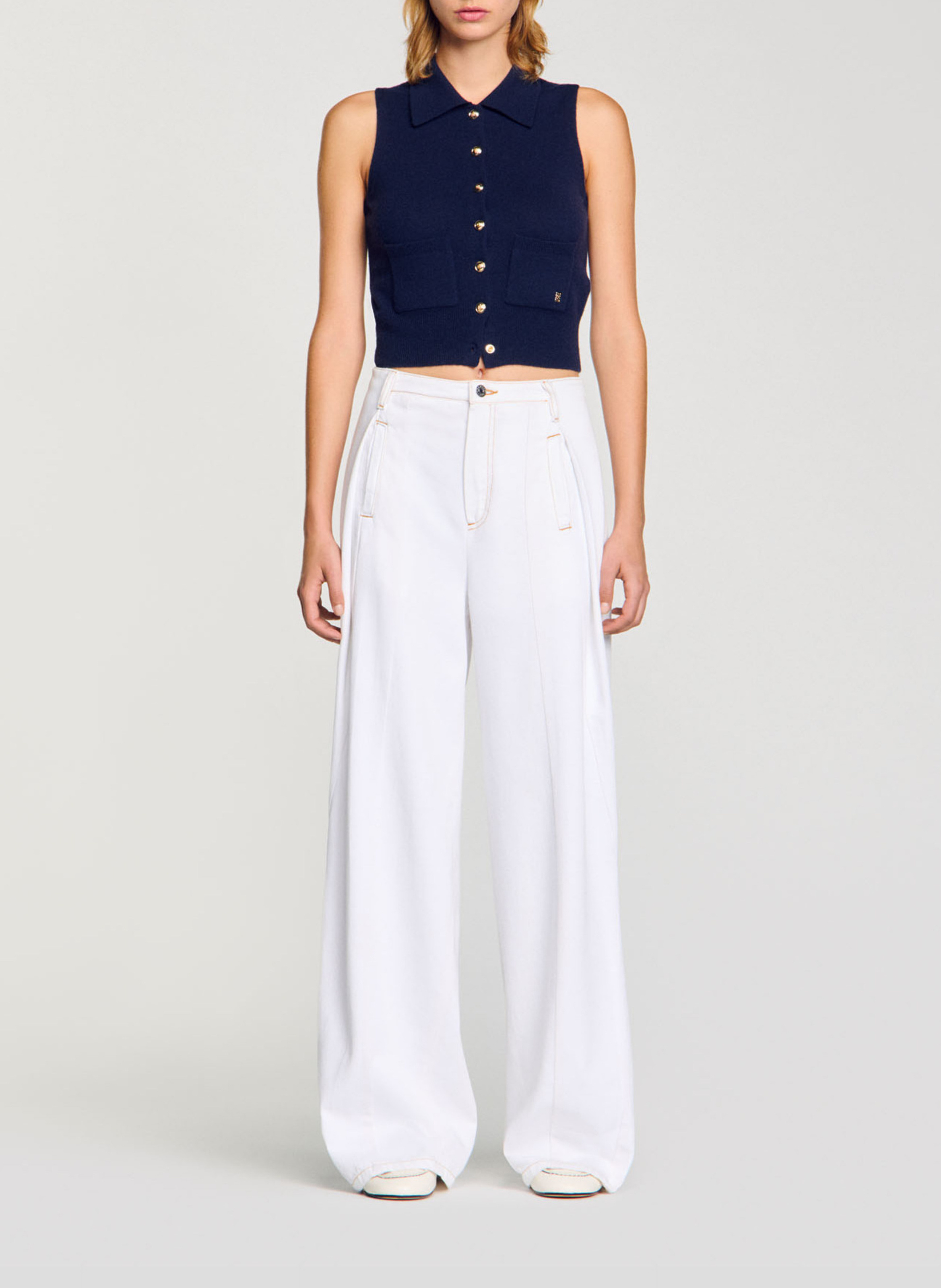 Wide topstitched cotton jeans SANDRO White