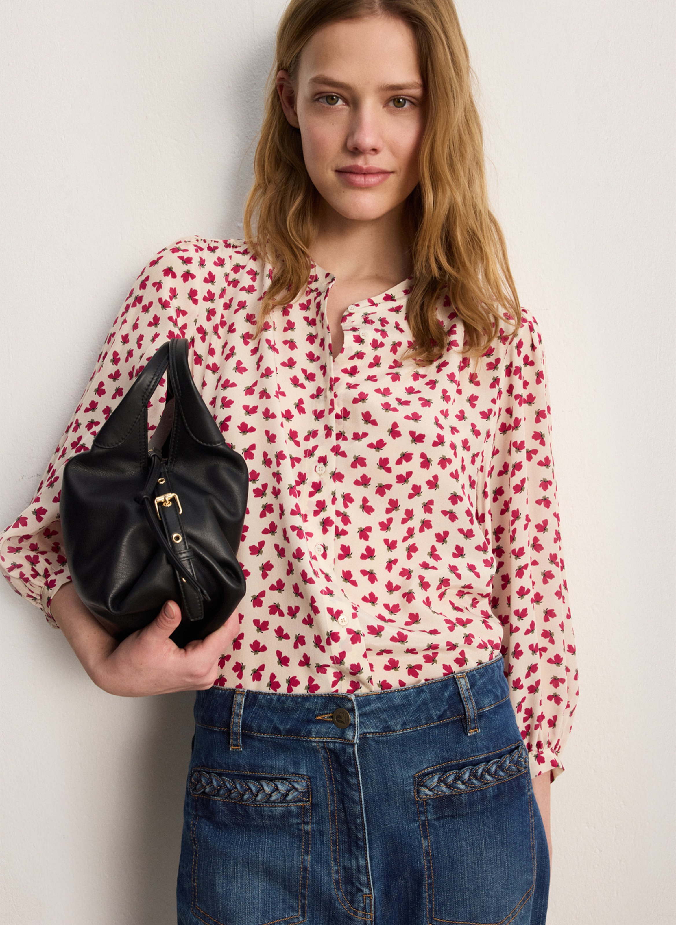 Chemise droite col rond imprimée PABLO Beige