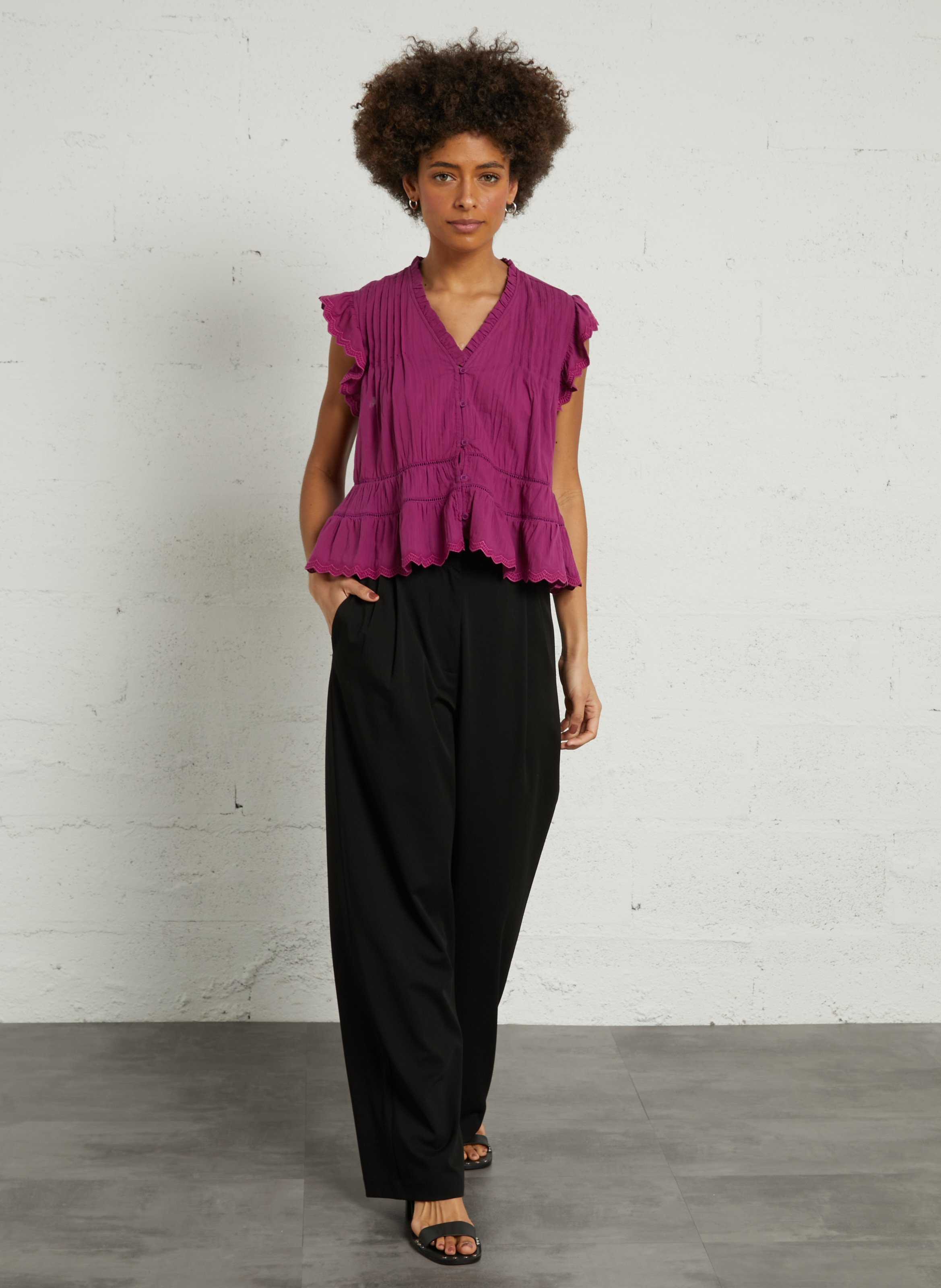 Top droit col V en coton SEE U SOON Violet