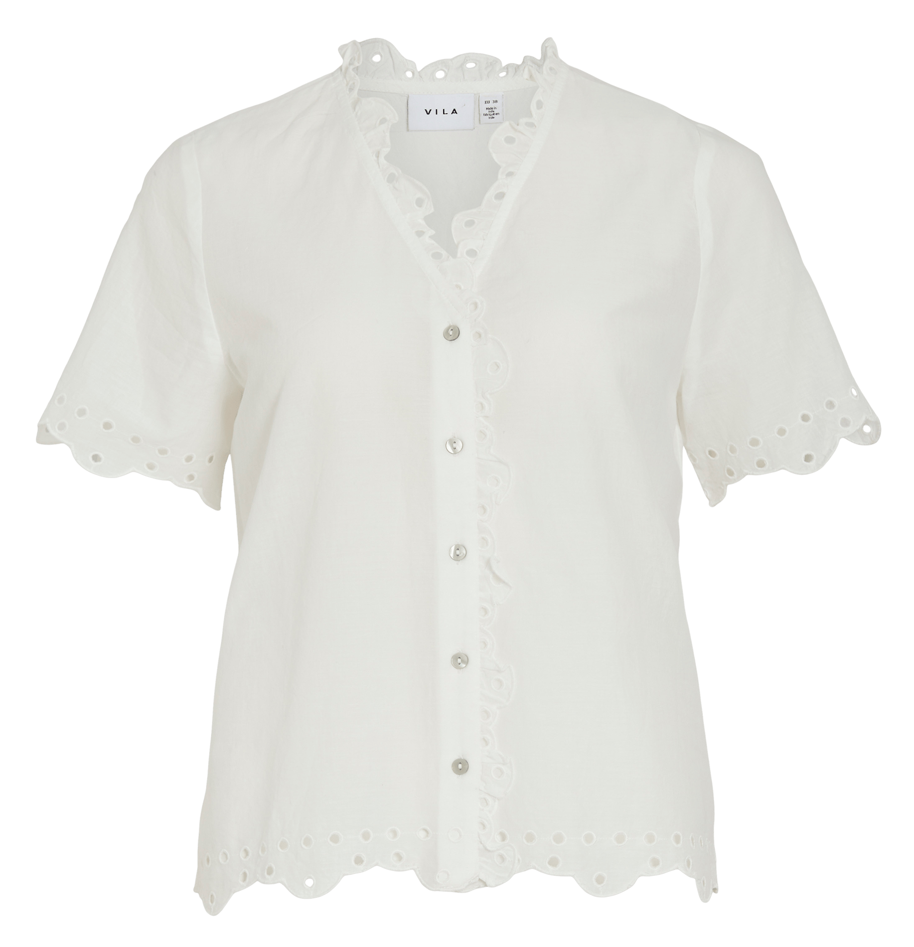 Gerade geschnittenes Hemd mit V-Ausschnitt aus Bio-Baumwolle mit Stickerei VILA Weiss