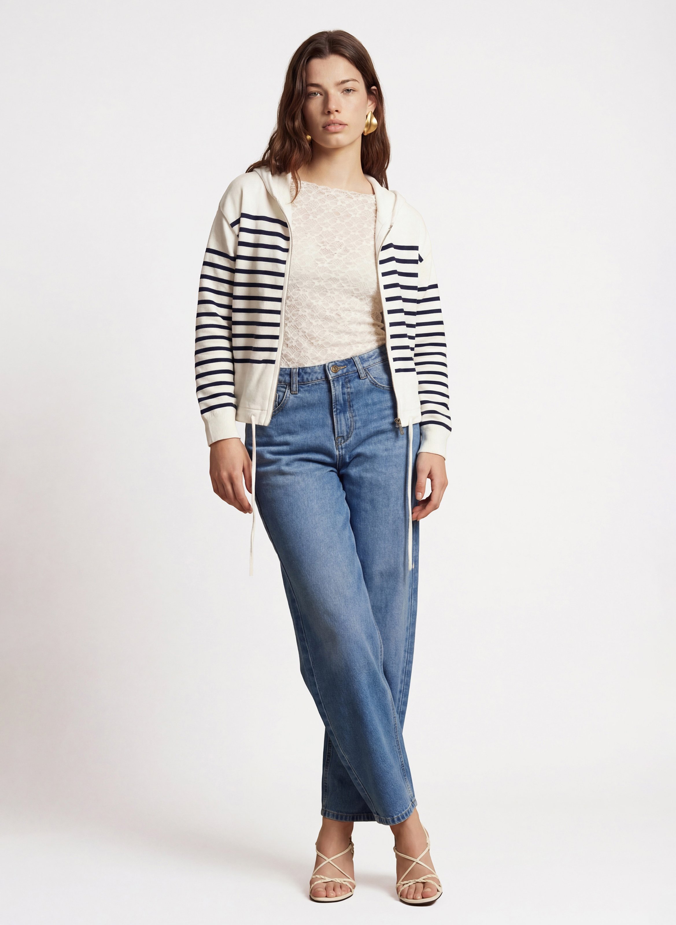 Striped hooded straight vest KOOKAI White