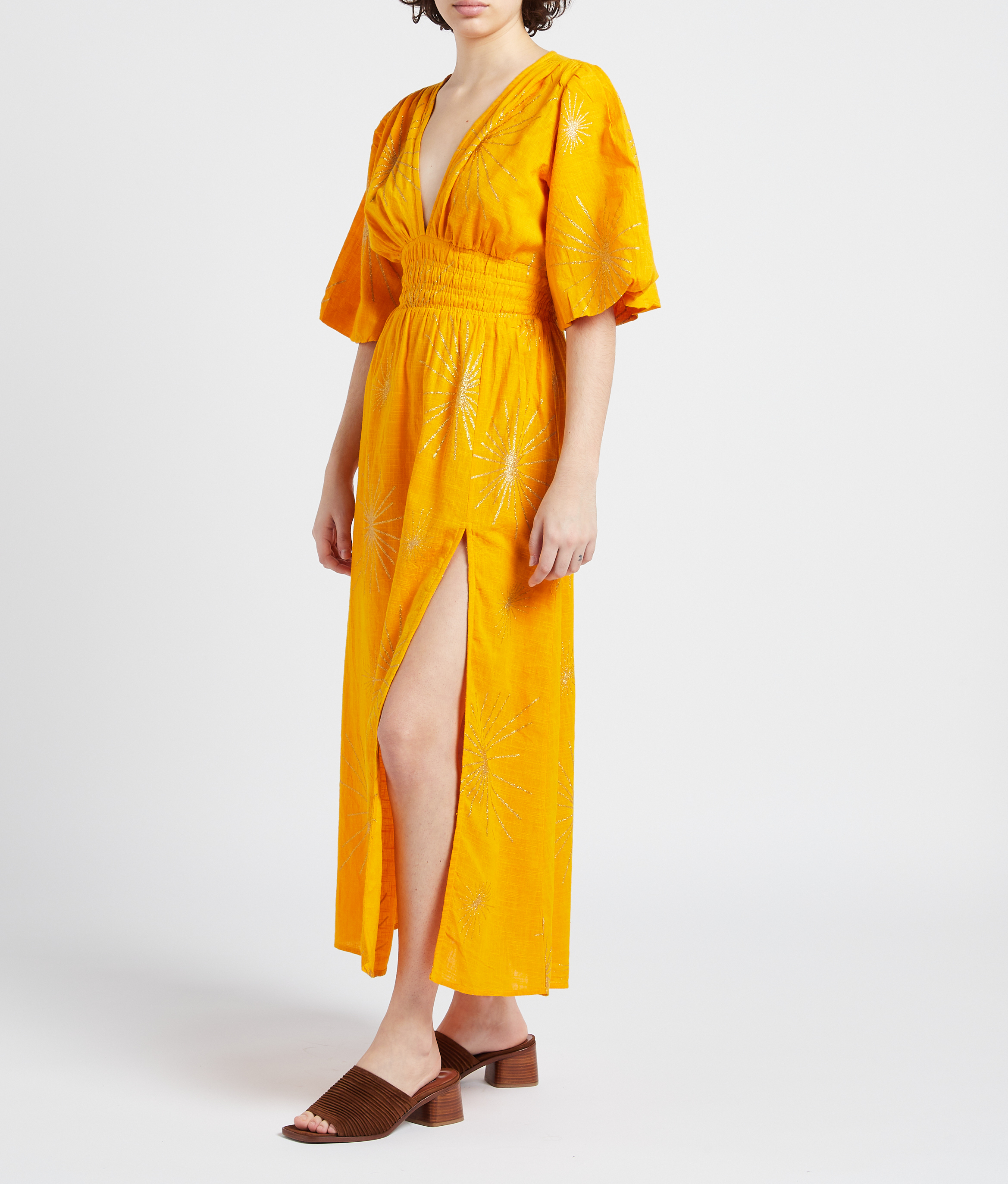 Long metallic cotton V-neck dress SUNDRESS Orange