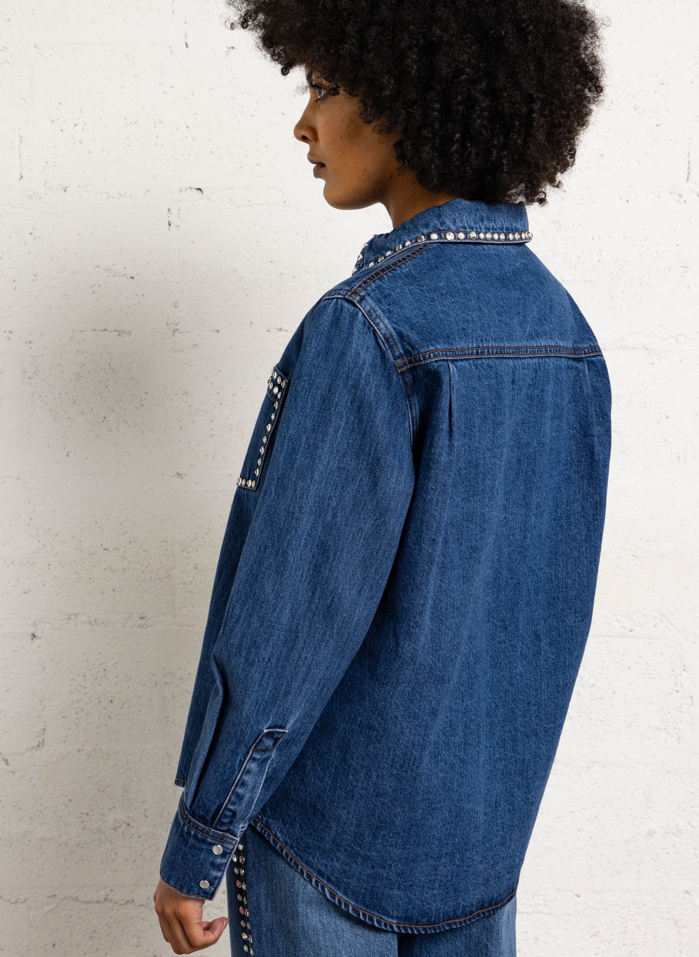 Straight denim shirt with rhinestones SUNCOO Blue