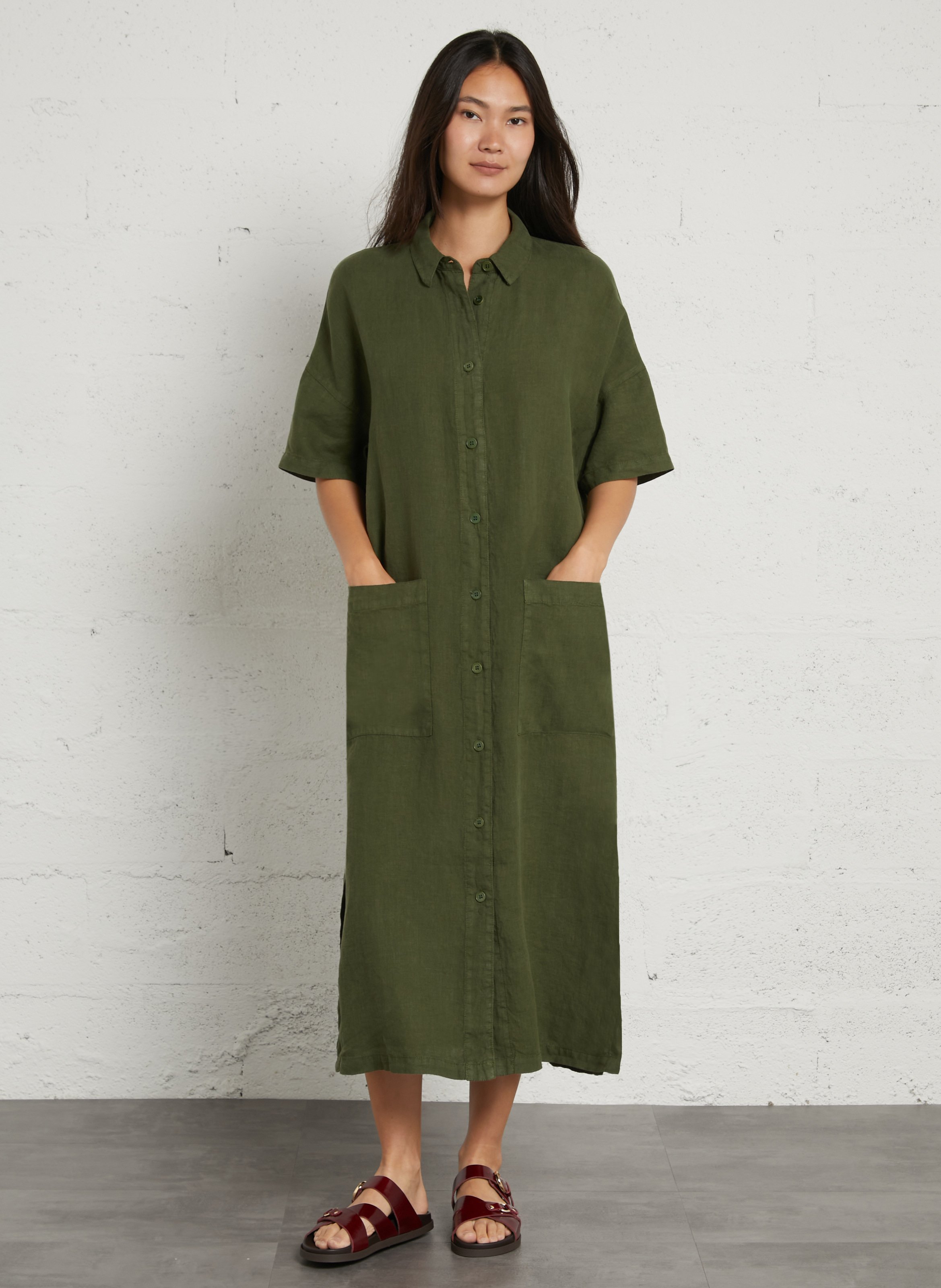 Langes, weites einfarbiges Leinenkleid BENSIMON Khaki