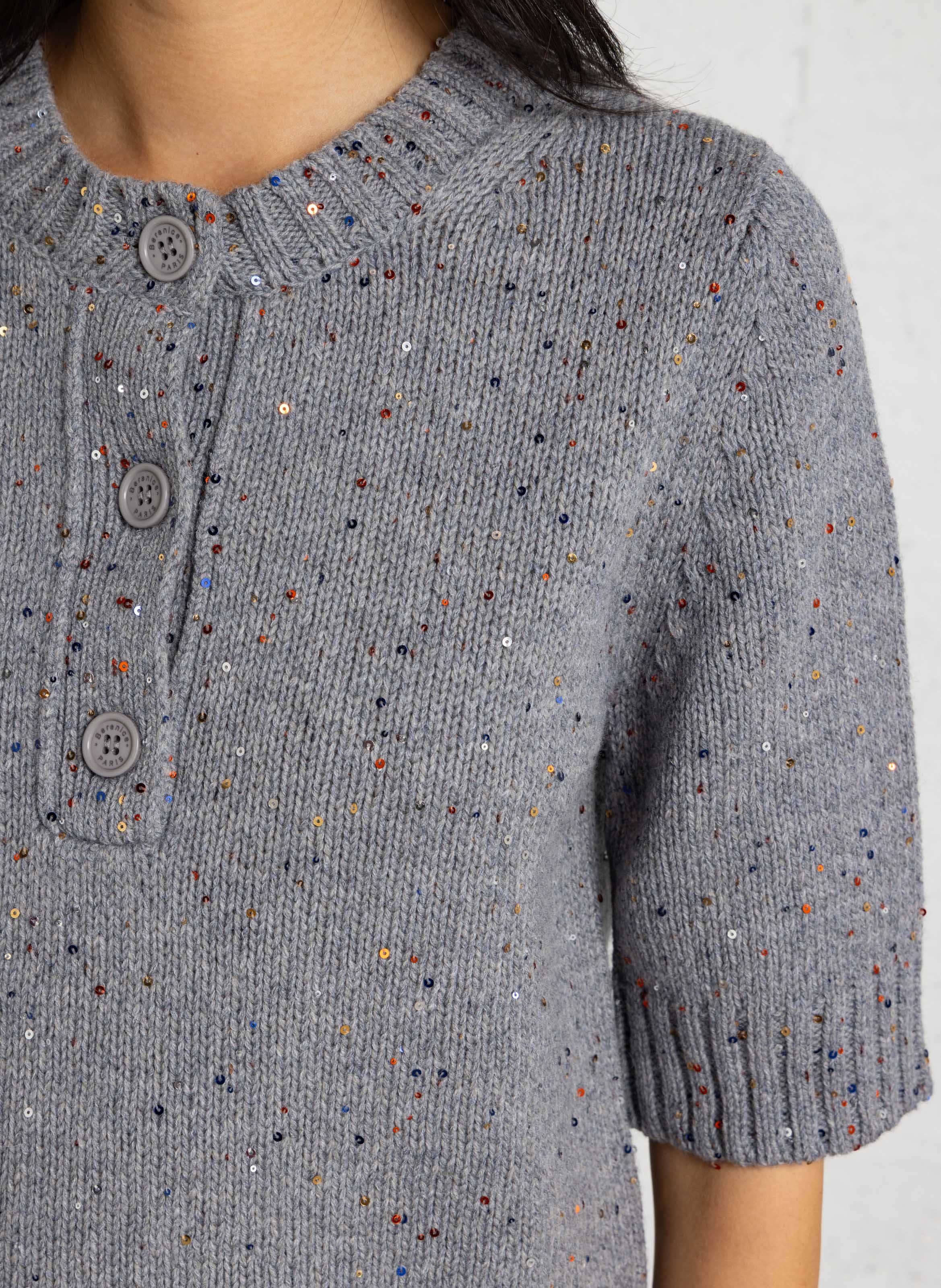 Pull manches courtes à sequins en laine BERENICE Gris