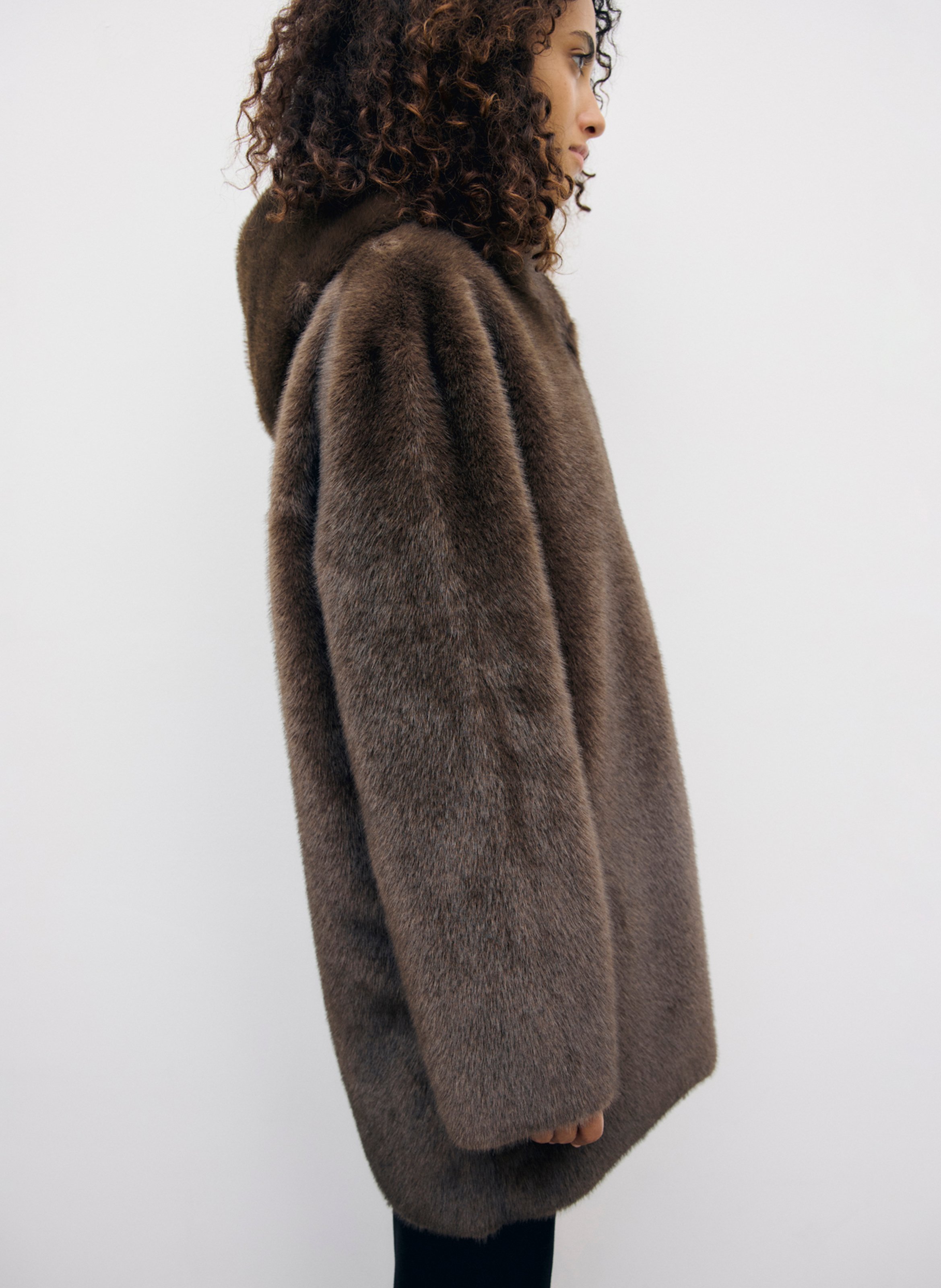 Straight coat with faux fur-effect hood GERARD DAREL Brown