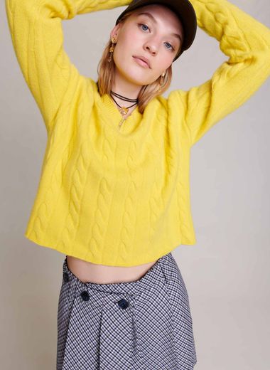 Pull oversize col montant jaune or femme