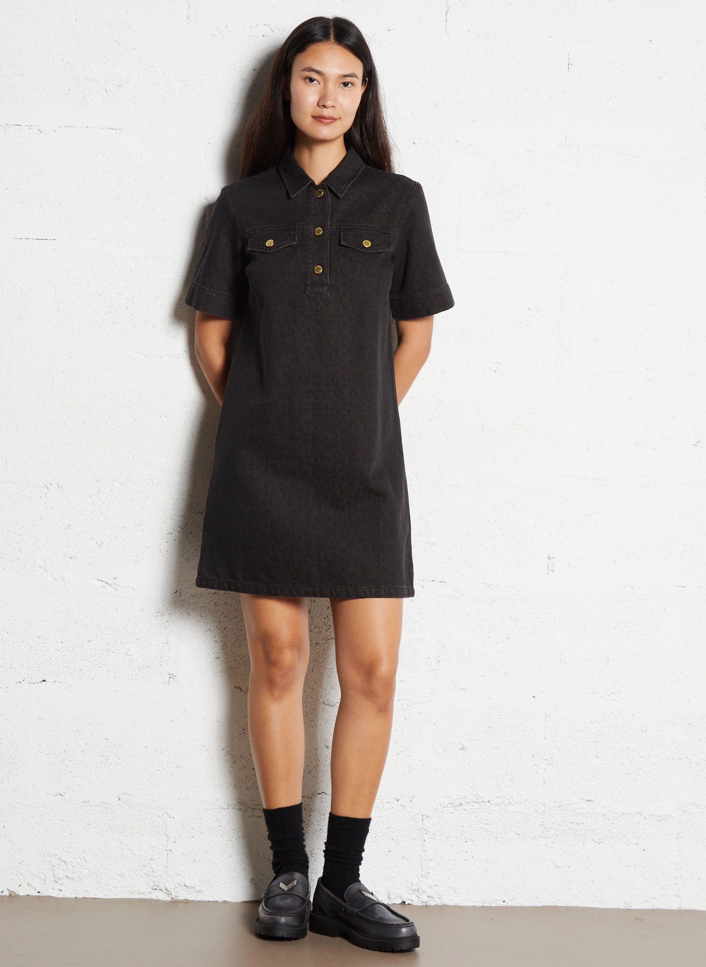 Robe évasée col classique motif léopard en coton I CODE Marron