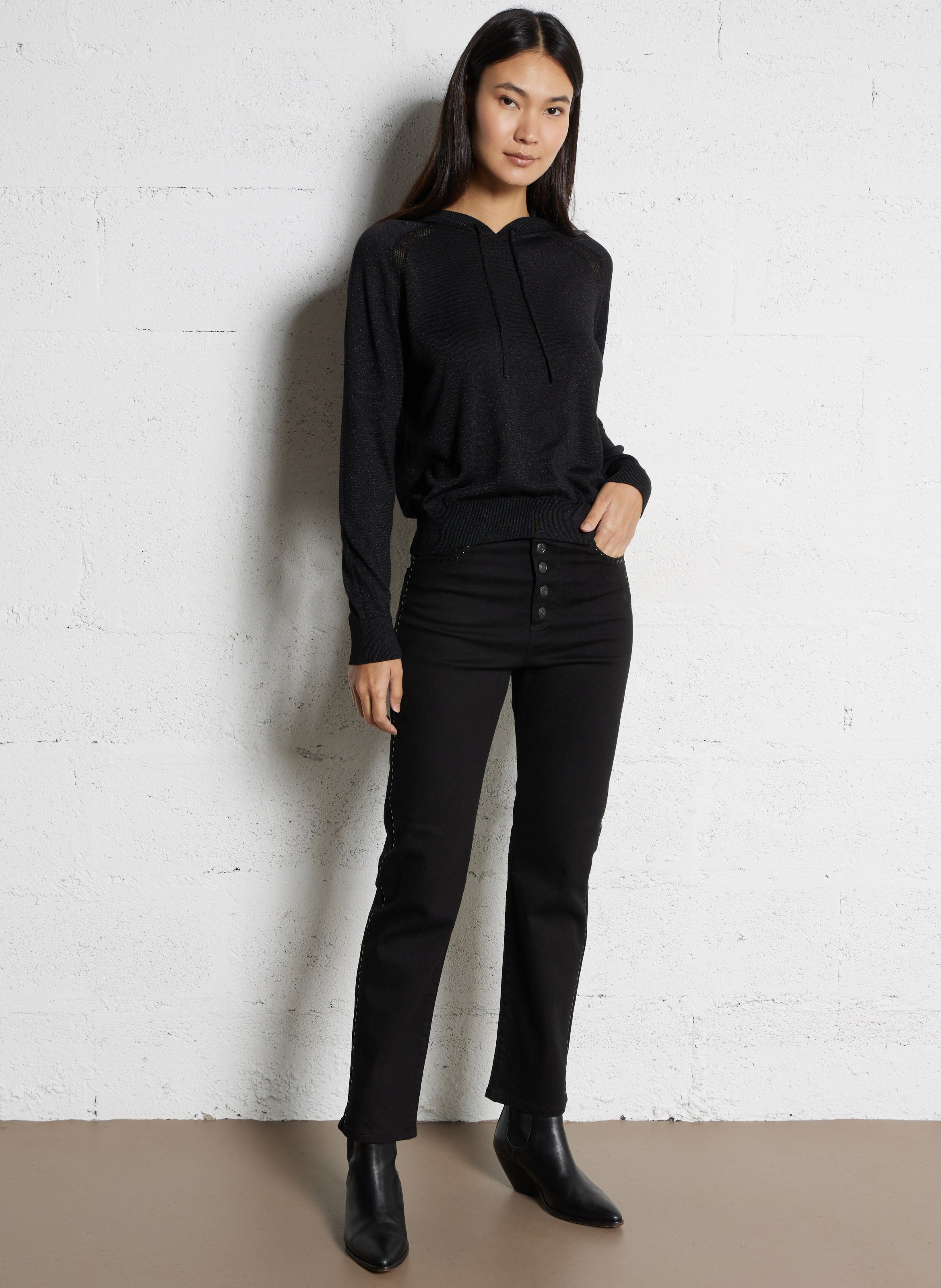 Pull à capuche droit brillant IKKS Noir