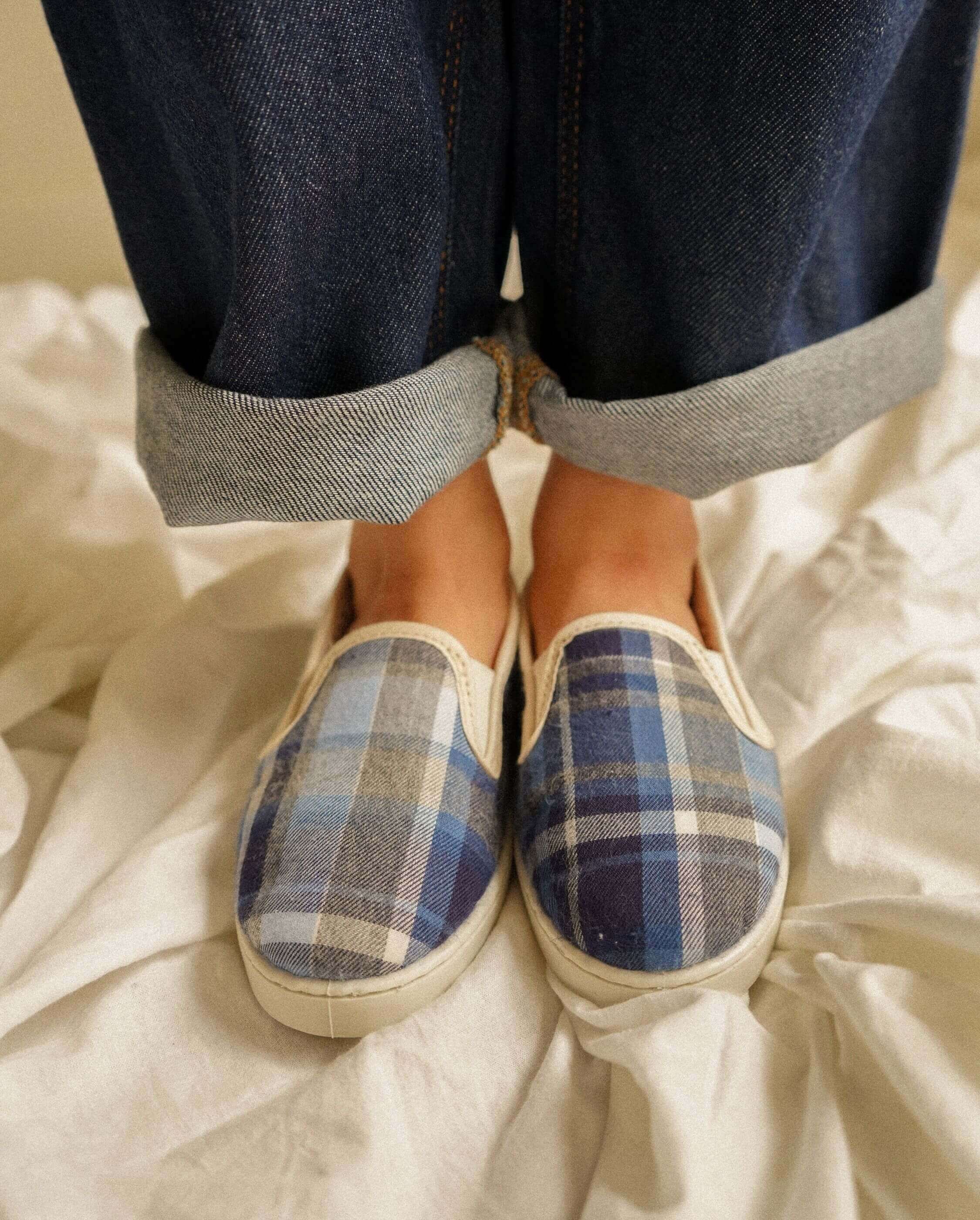 Chausson enfant coton, tartan bleu ANGARDE Bleu