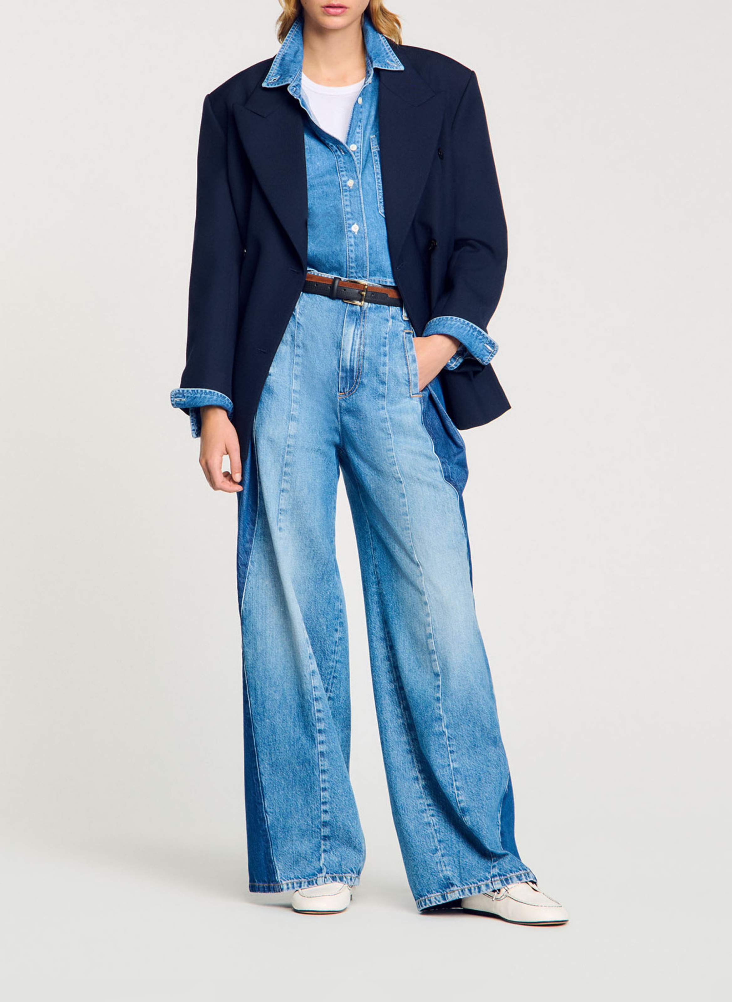 Jean large à empiècements en coton  SANDRO Bleu