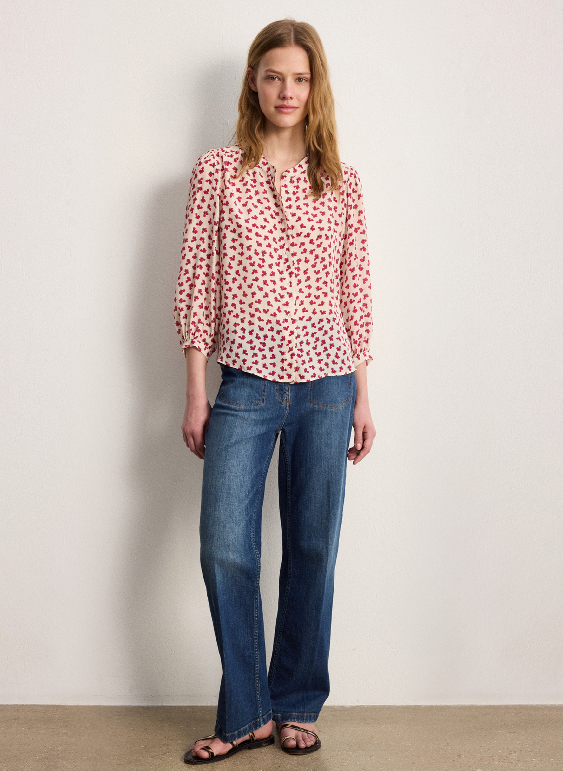 Chemise droite col rond imprimée PABLO Beige