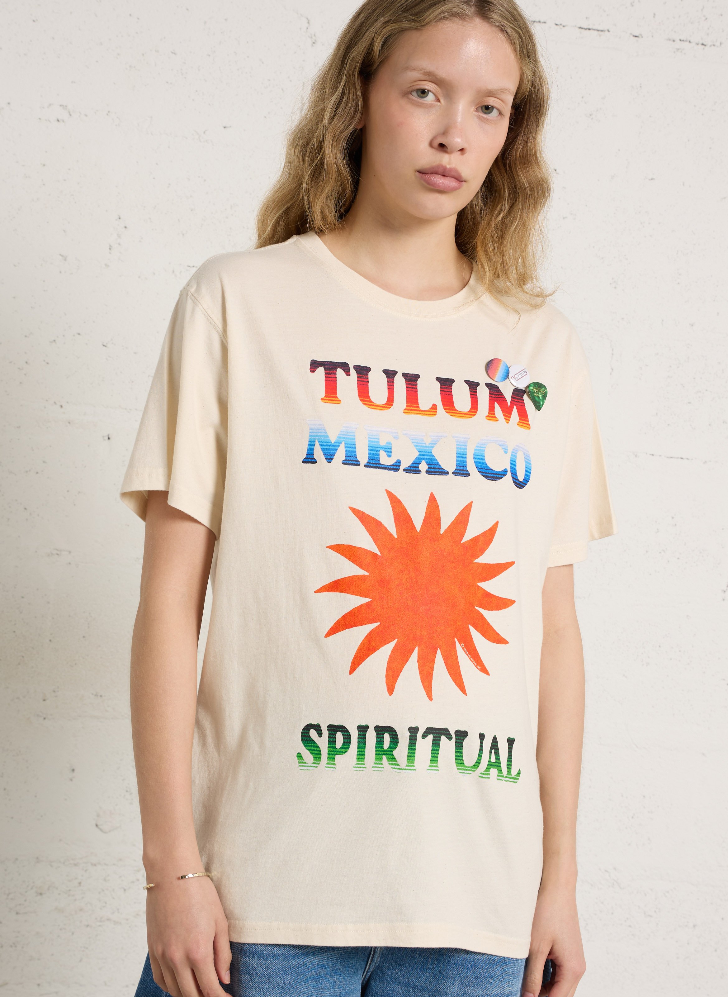 Recht, katoenen T-shirt met ronde hals en zeefdruk NEWTONE Beige