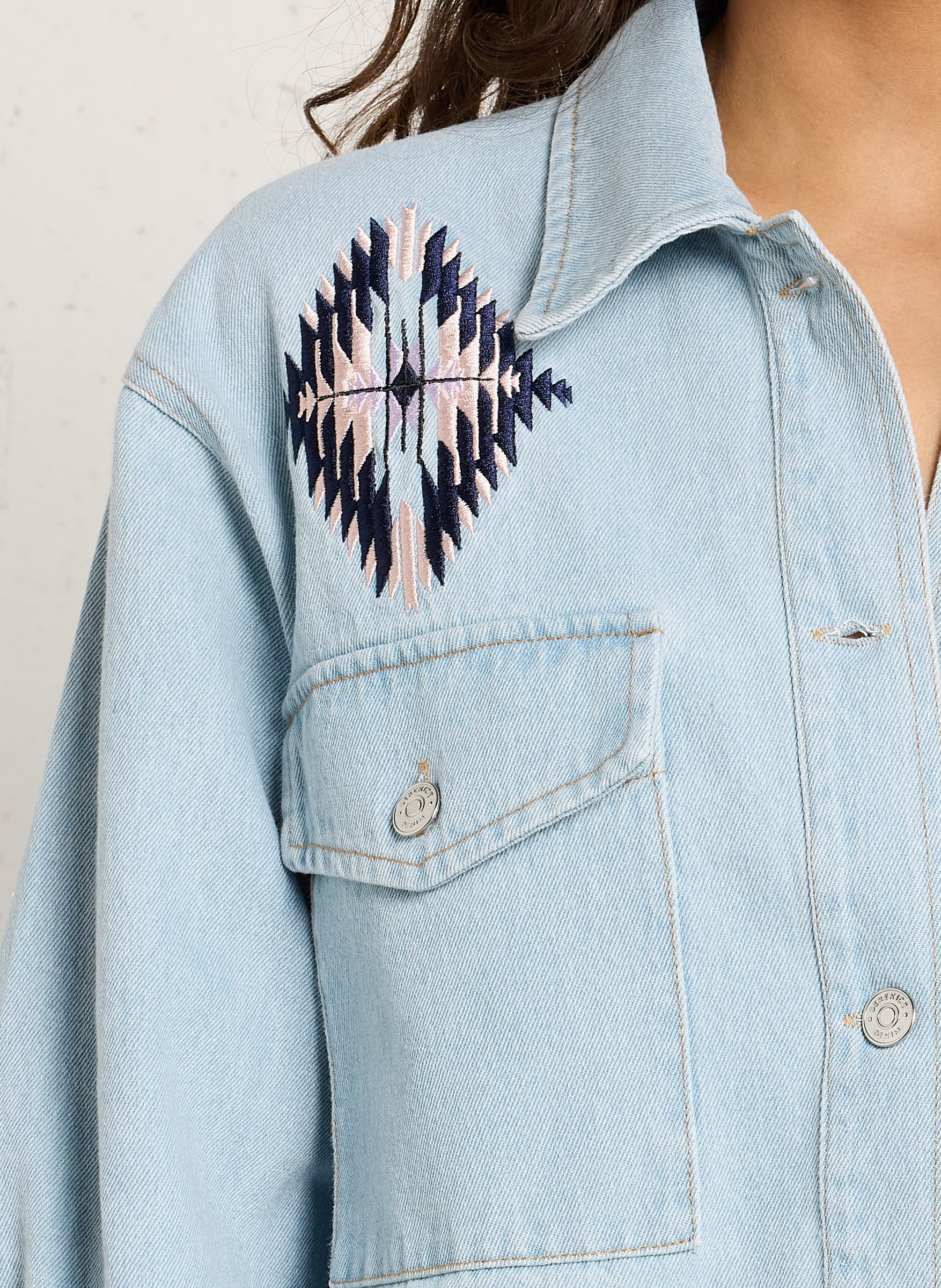 Oversized jacket with classic embroidered cotton collar BERENICE Blue