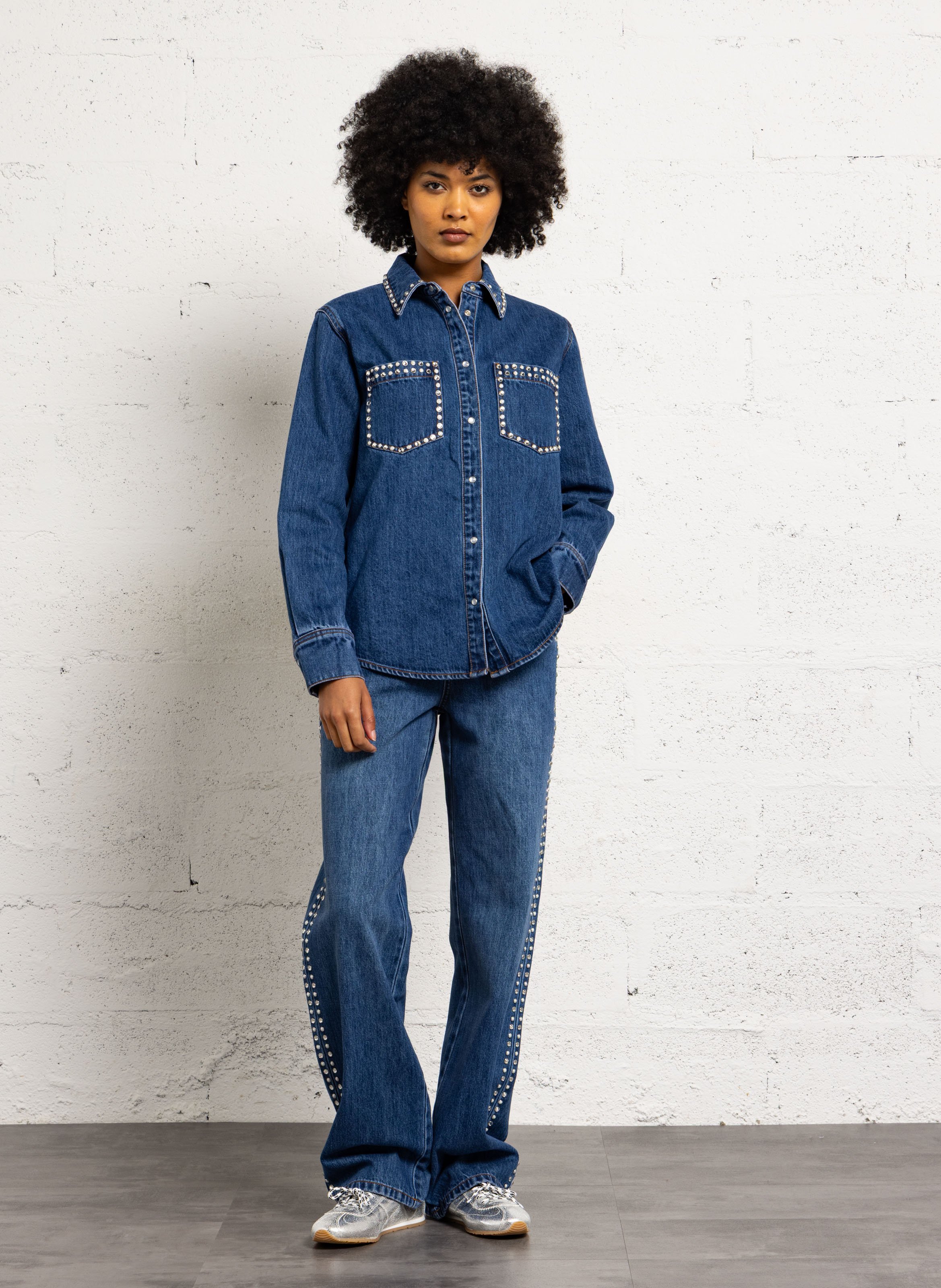 Straight denim shirt with rhinestones SUNCOO Blue