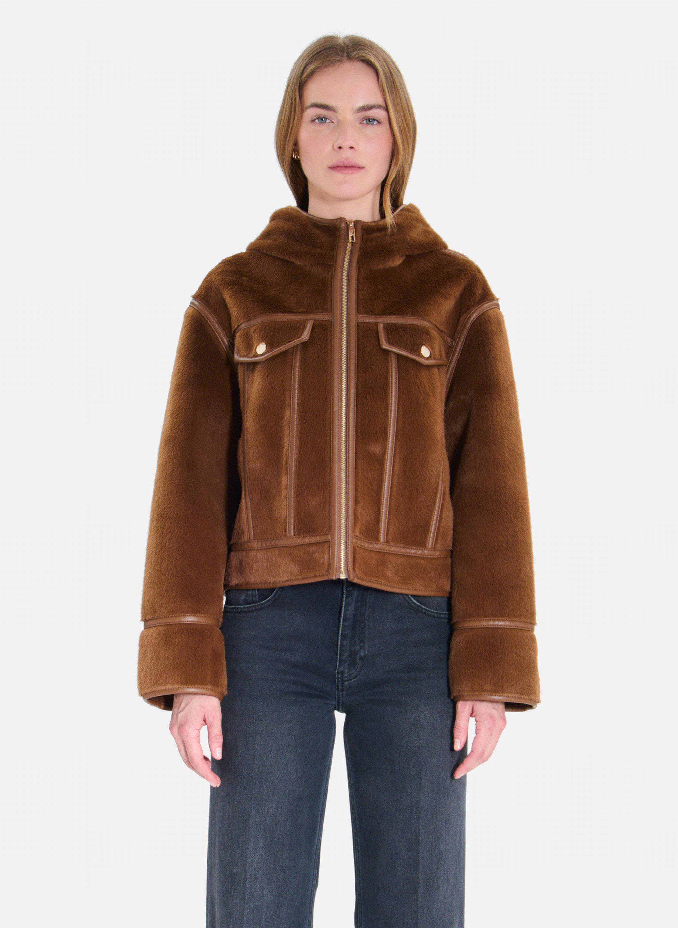Boxy cropped faux fur-effect jacket ZAPA Brown