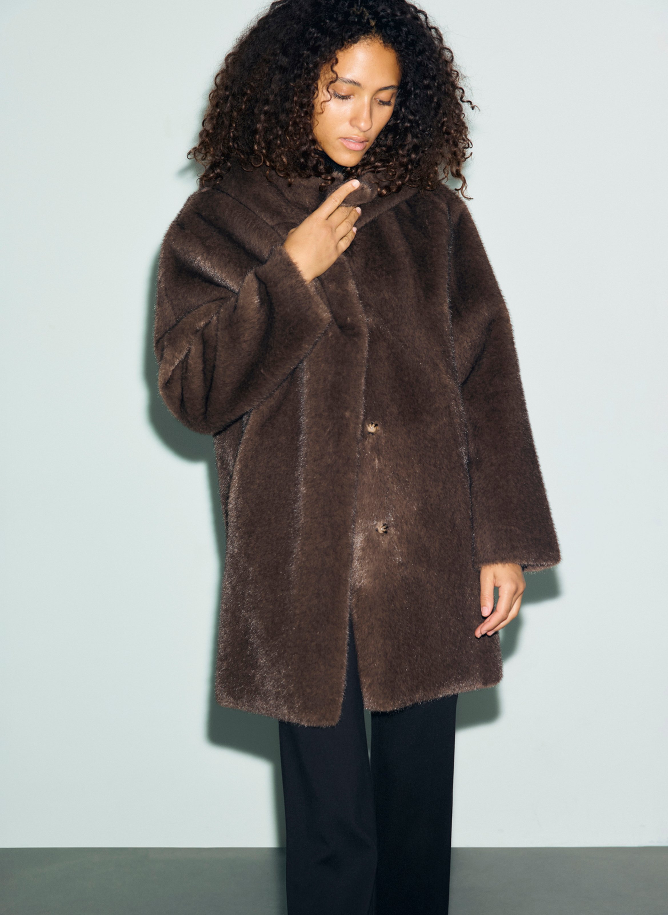 Straight coat with faux fur-effect hood GERARD DAREL Brown