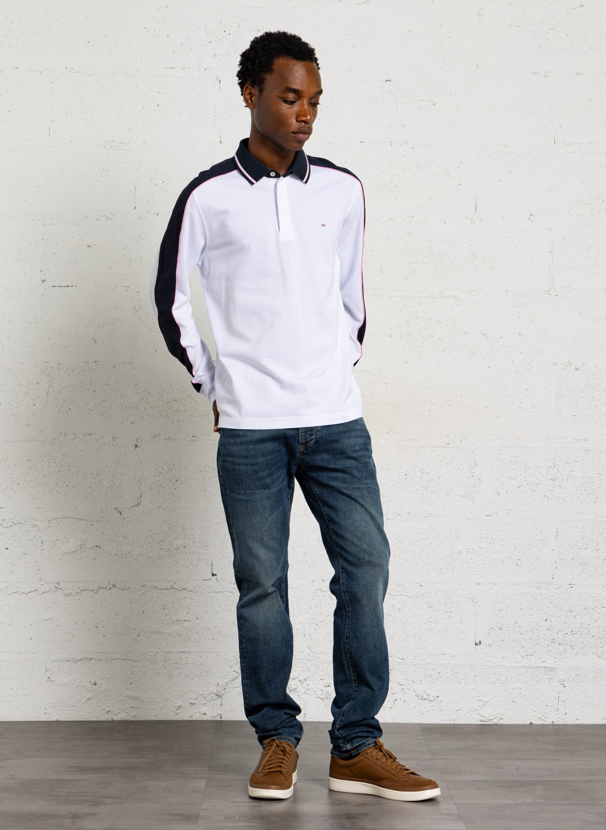Straight fit long-sleeved cotton polo EDEN PARK Blue