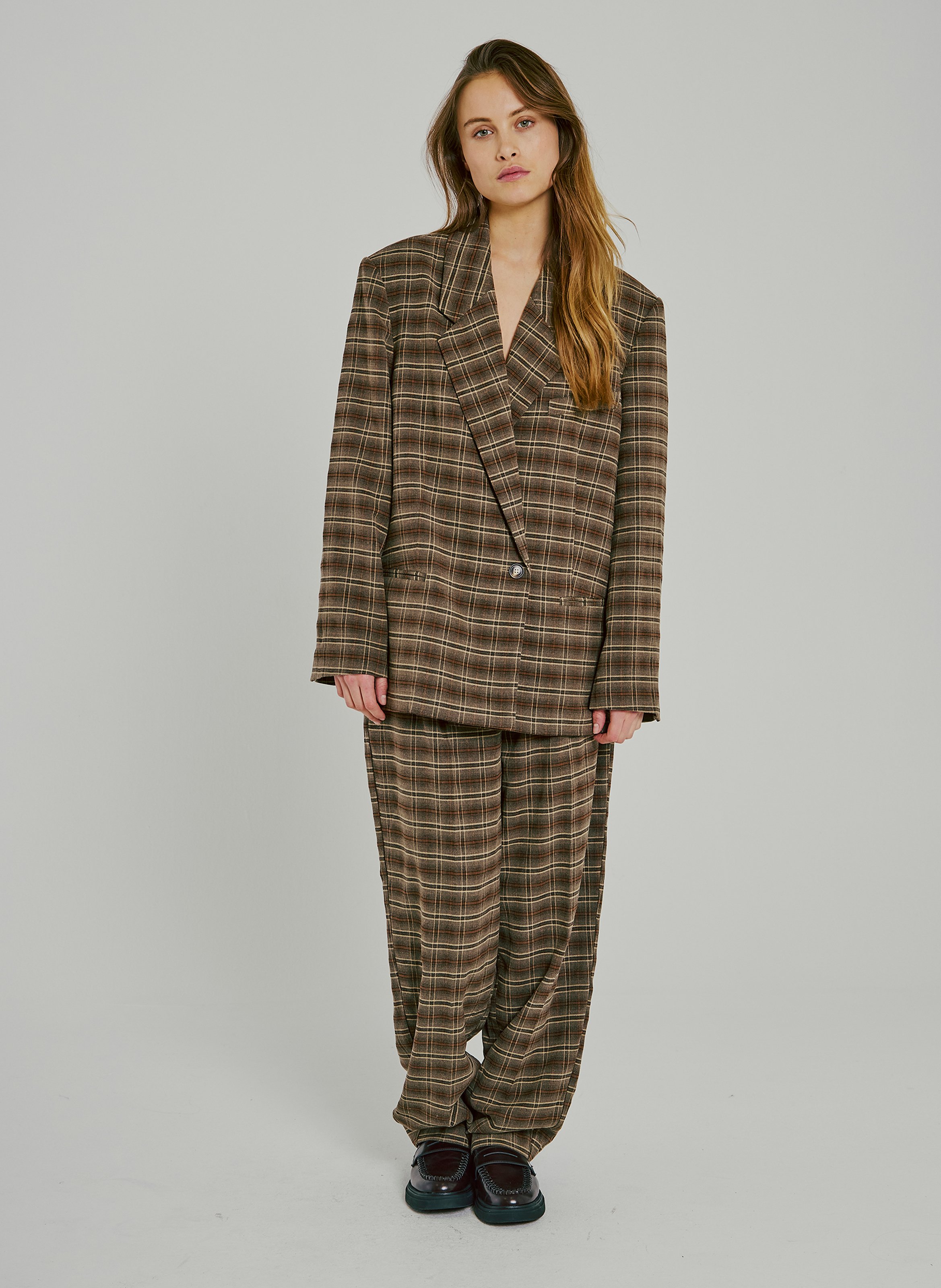 Oversized blazer jacket with a checked lapel. NORR Brown