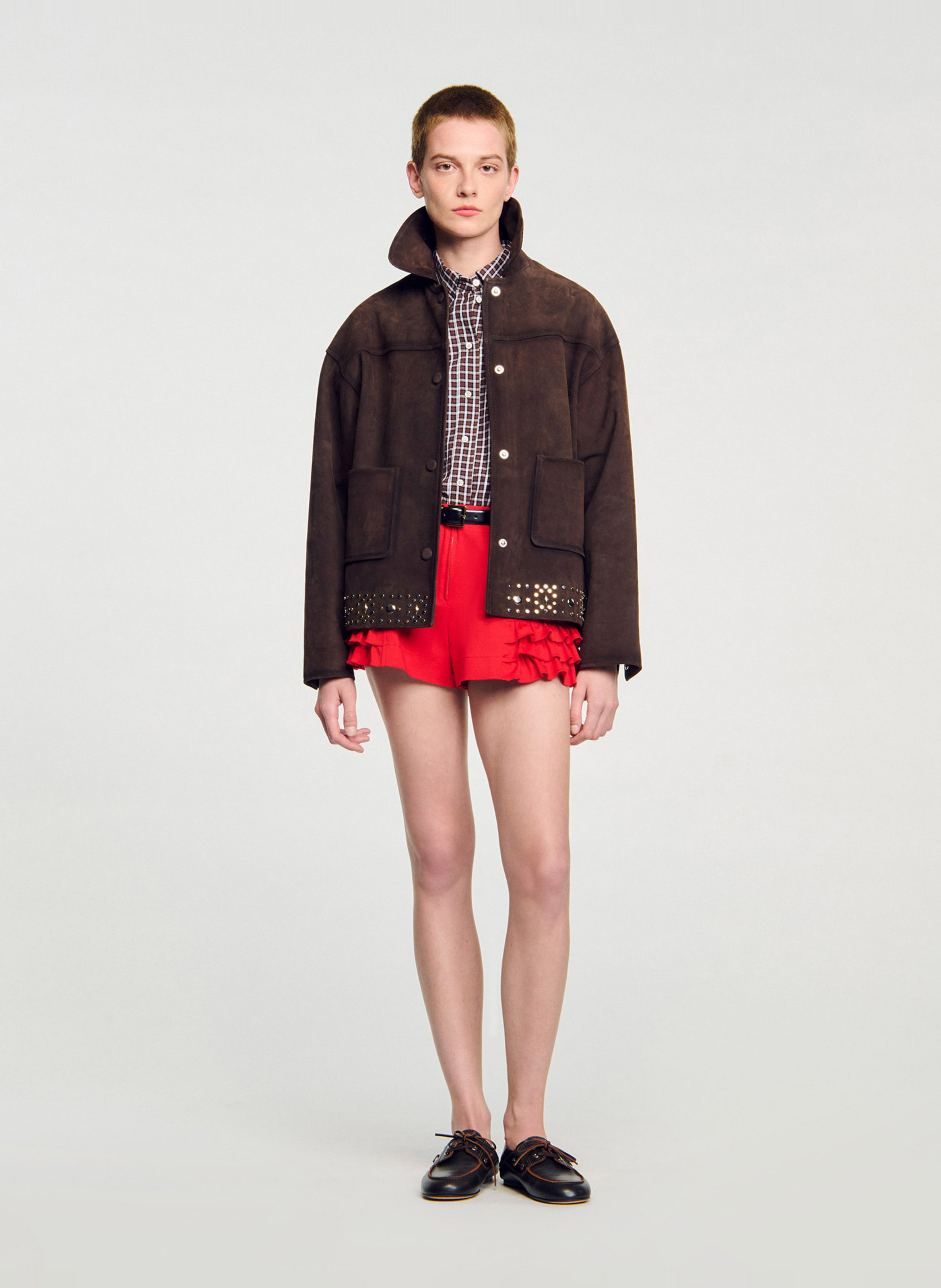 Leren top met klassieke kraag SANDRO Bruin