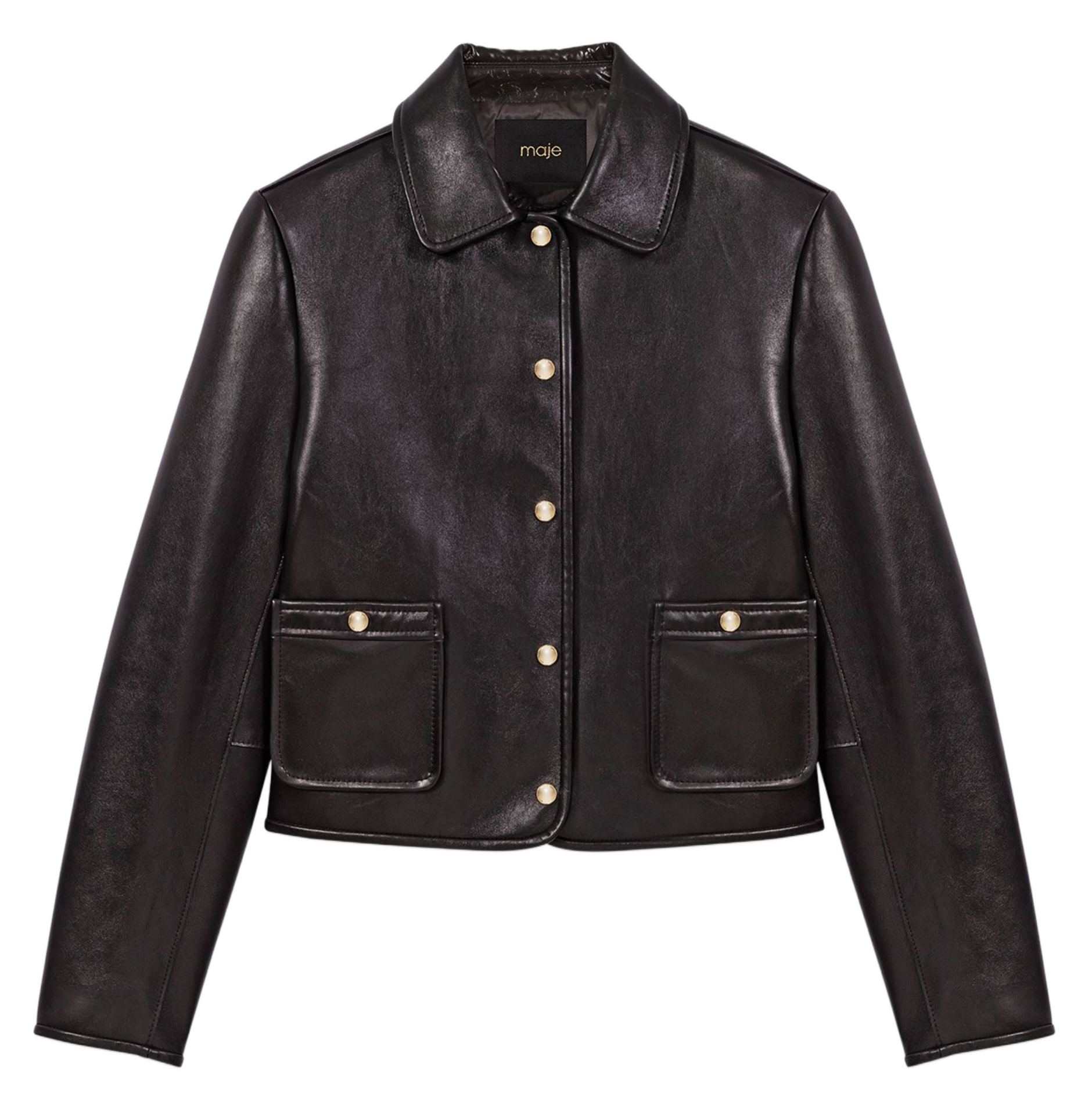 Veste droite en cuir MAJE Noir