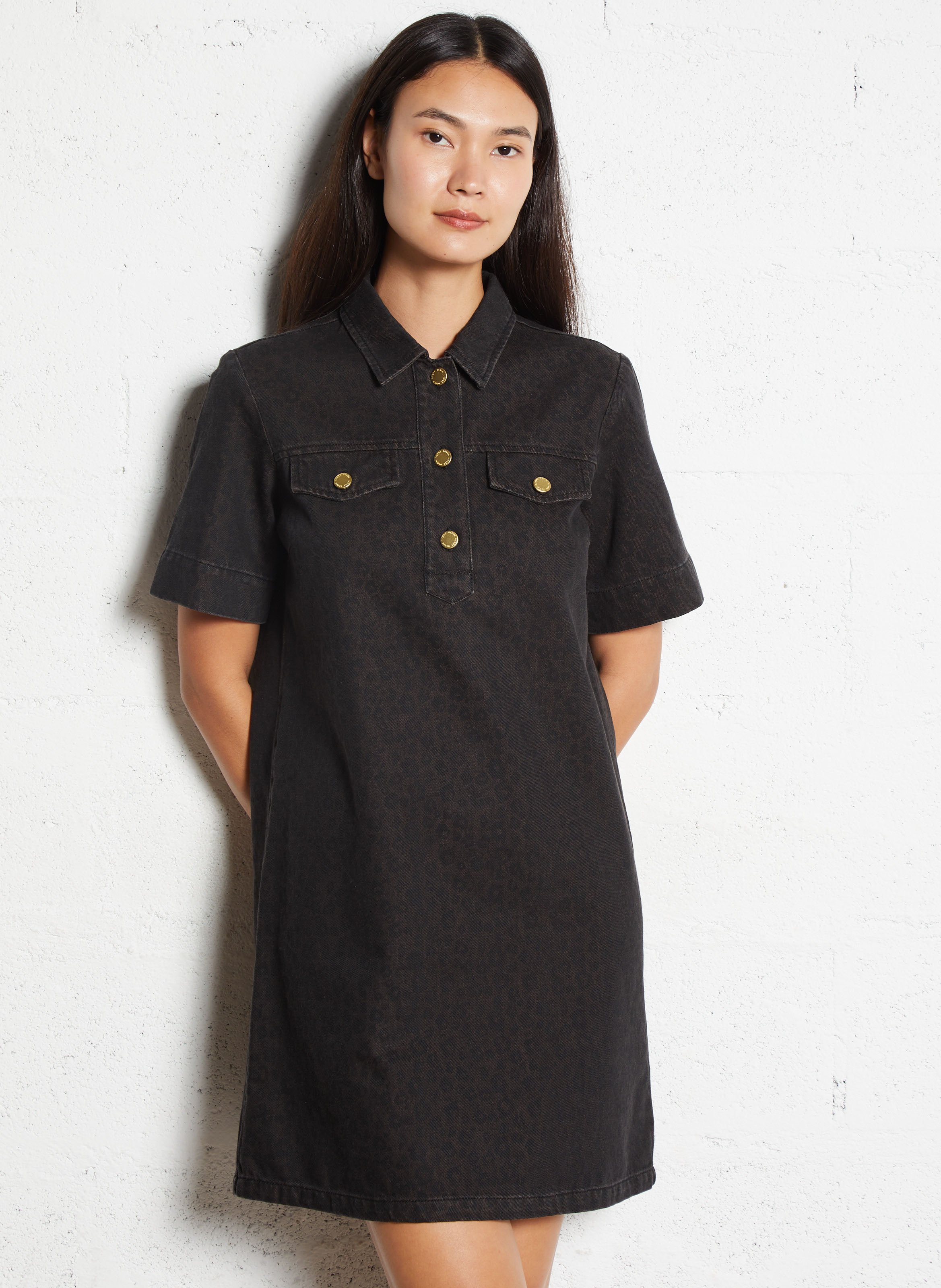 Robe évasée col classique motif léopard en coton I CODE Marron