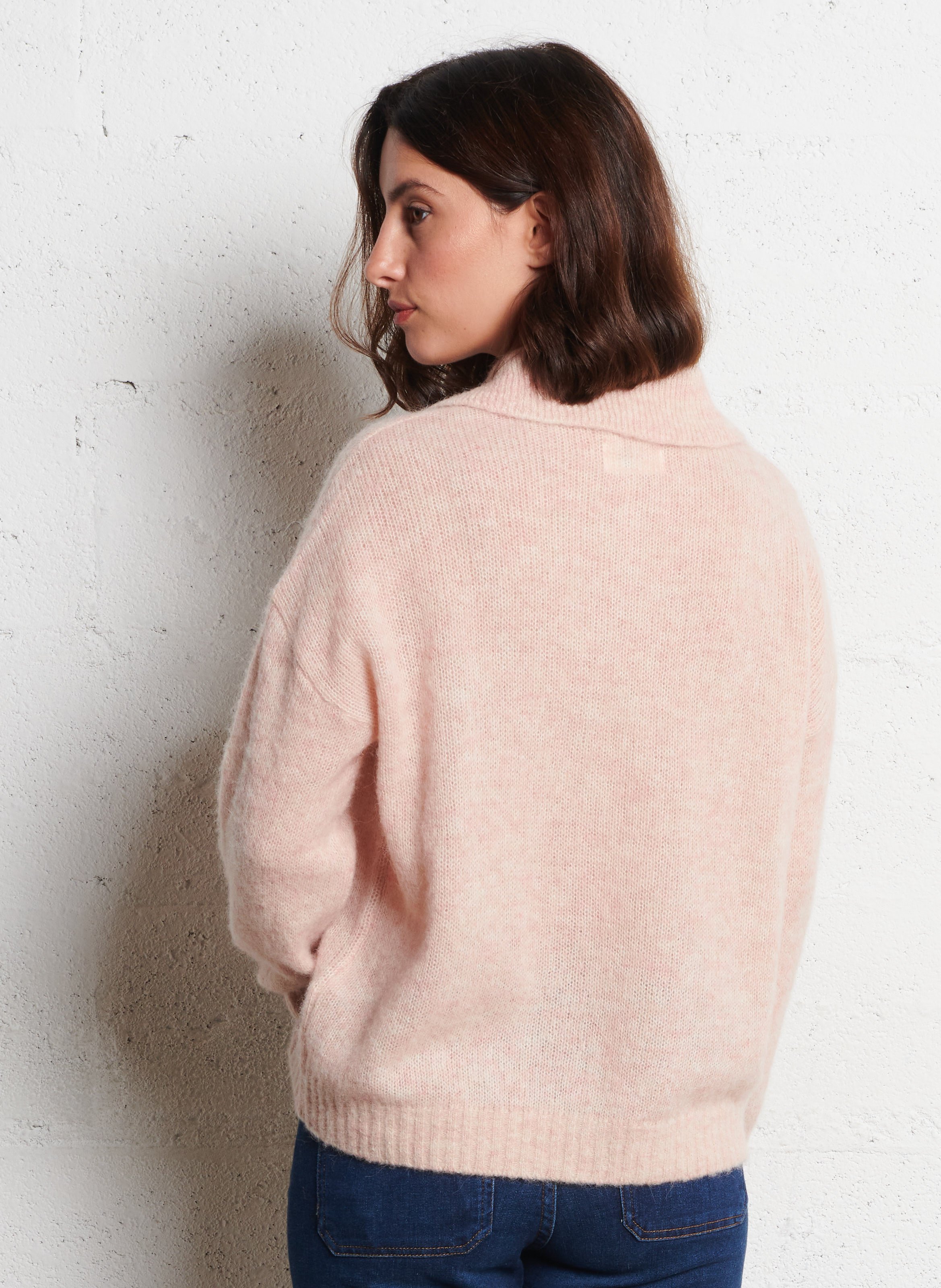 Pull ample col polo en laine mélangée DES PETITS HAUTS Rose