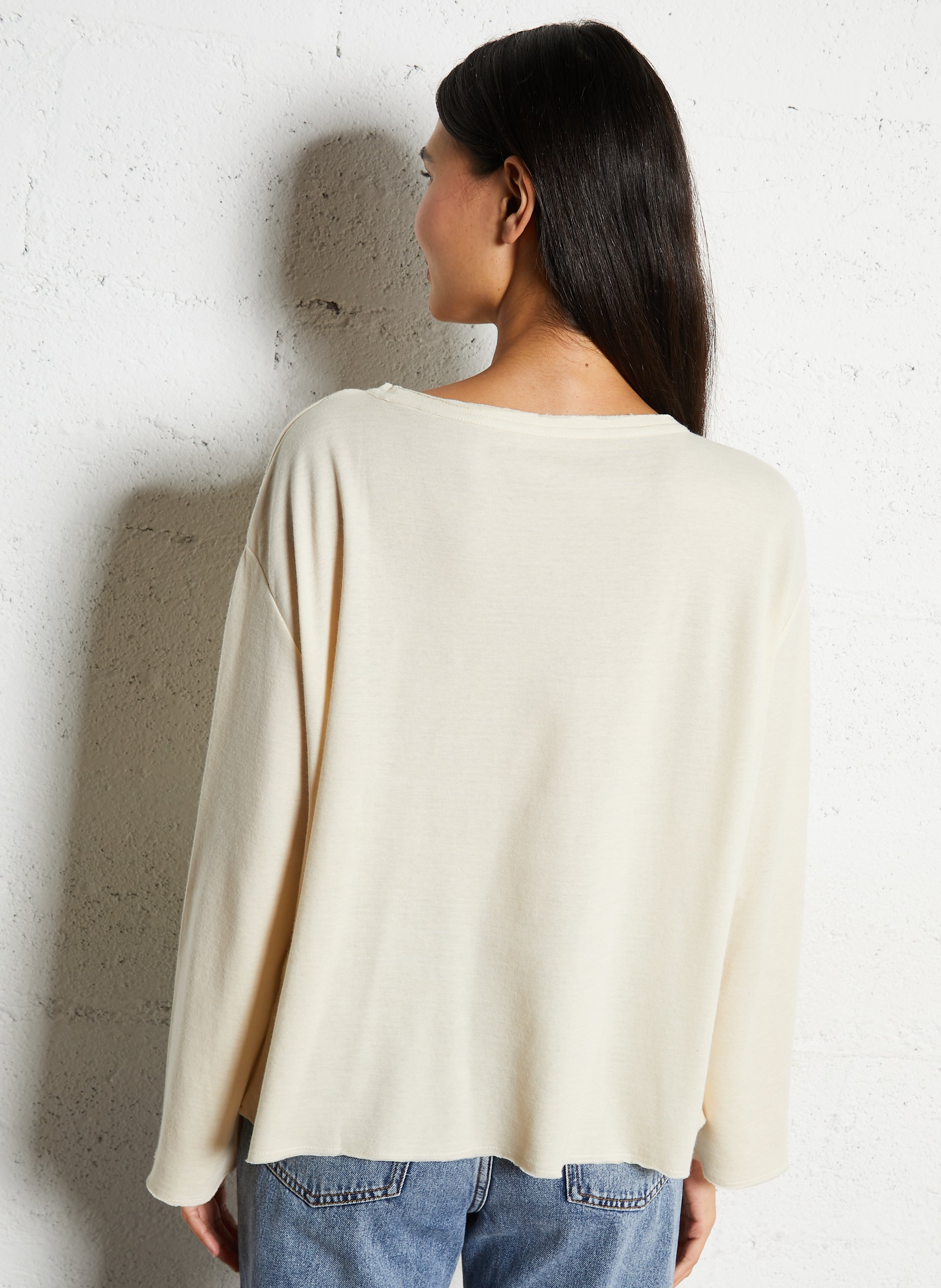 Tee-shirt droit col bateau en coton bio et cachemire MAJESTIC FILATURES Beige