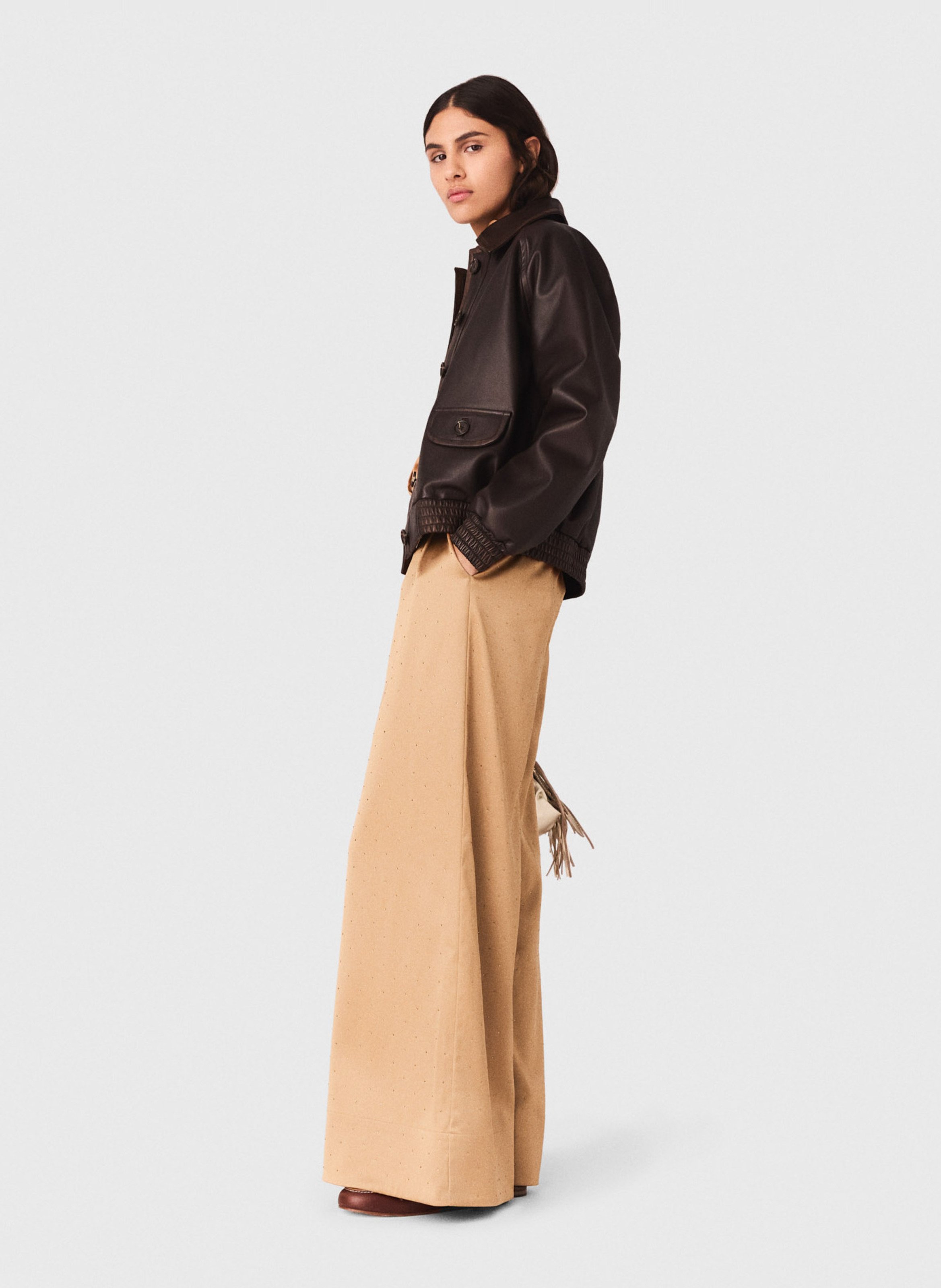 Wide leg pants with rhinestones MAJE Brown