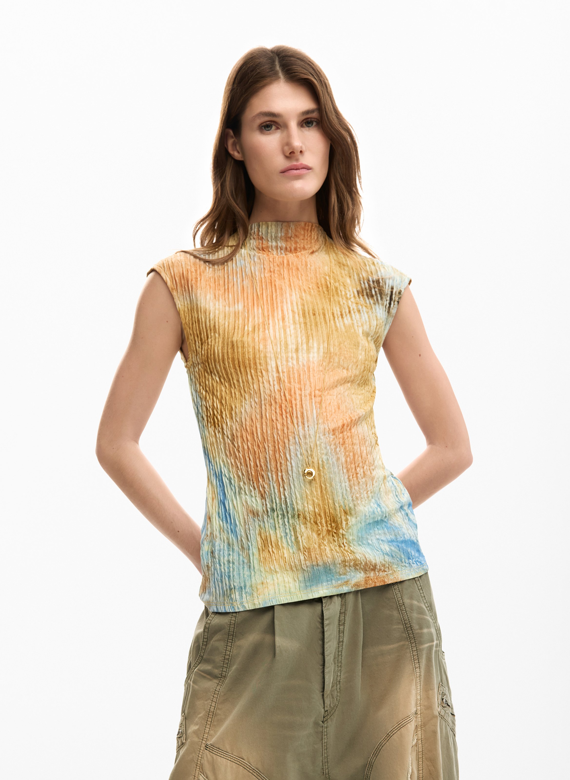 Bedrukt T-shirt met opstaande kraag DESIGUAL Bruin