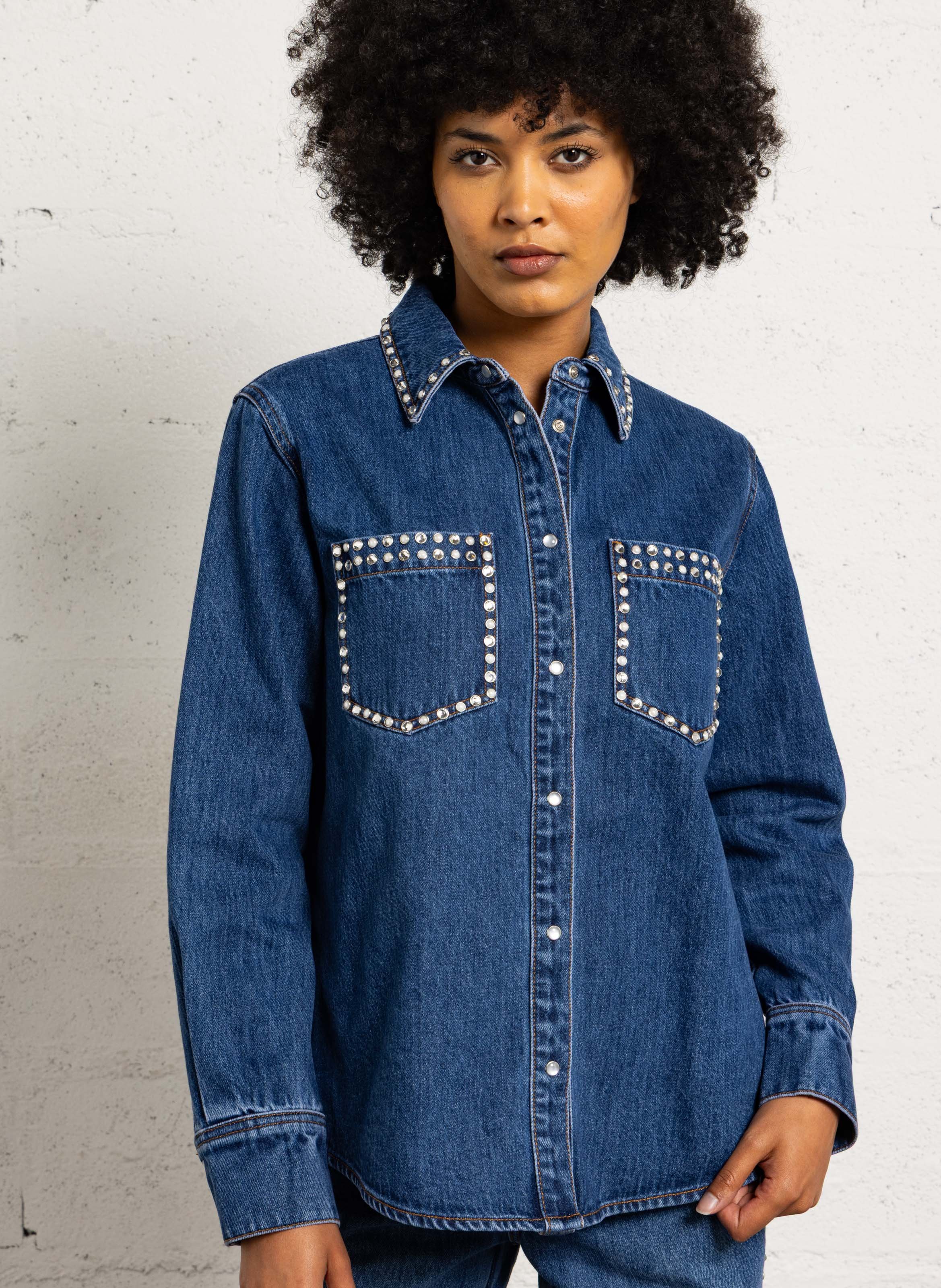 Straight denim shirt with rhinestones SUNCOO Blue