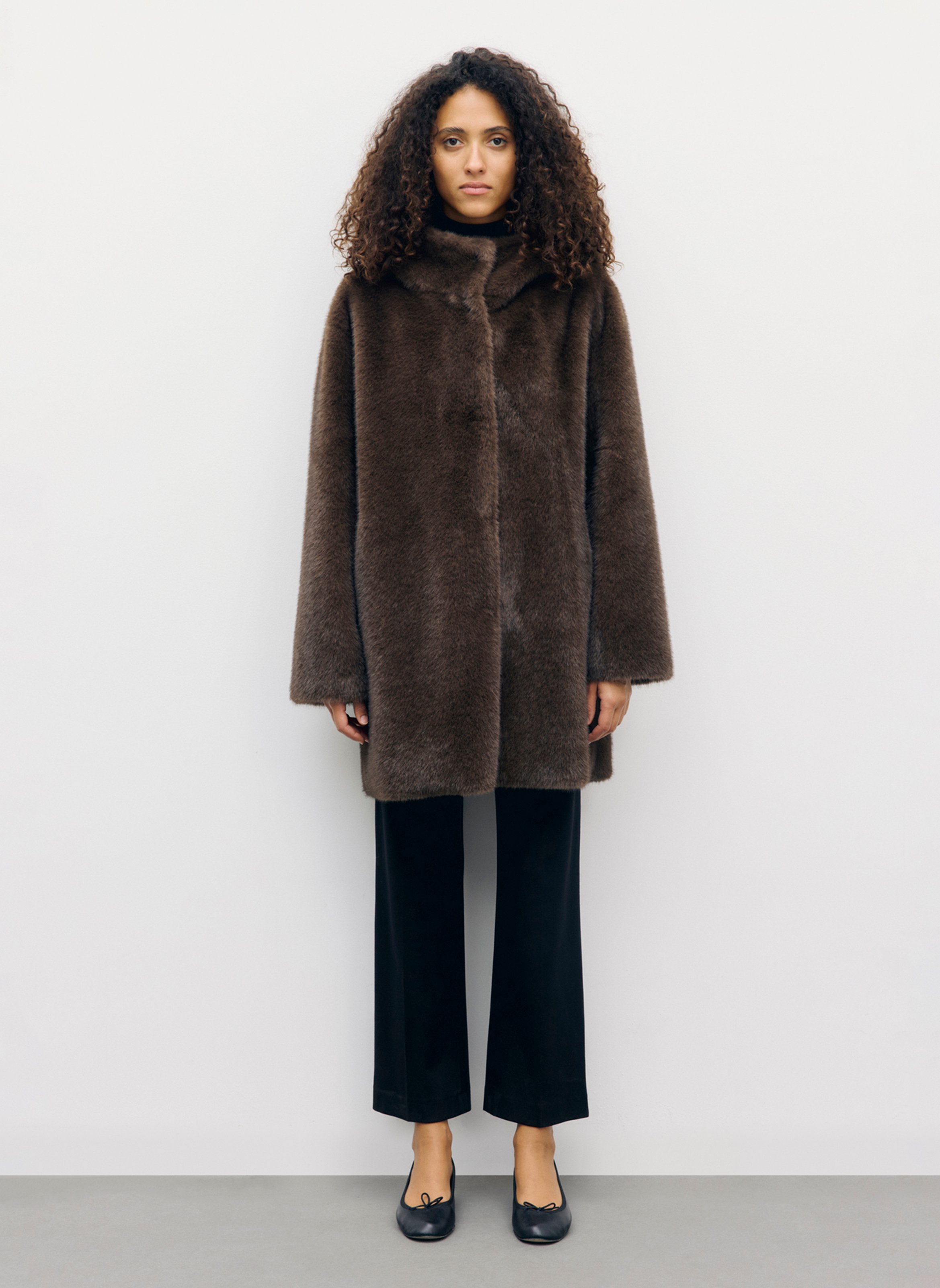 Straight coat with faux fur-effect hood GERARD DAREL Brown