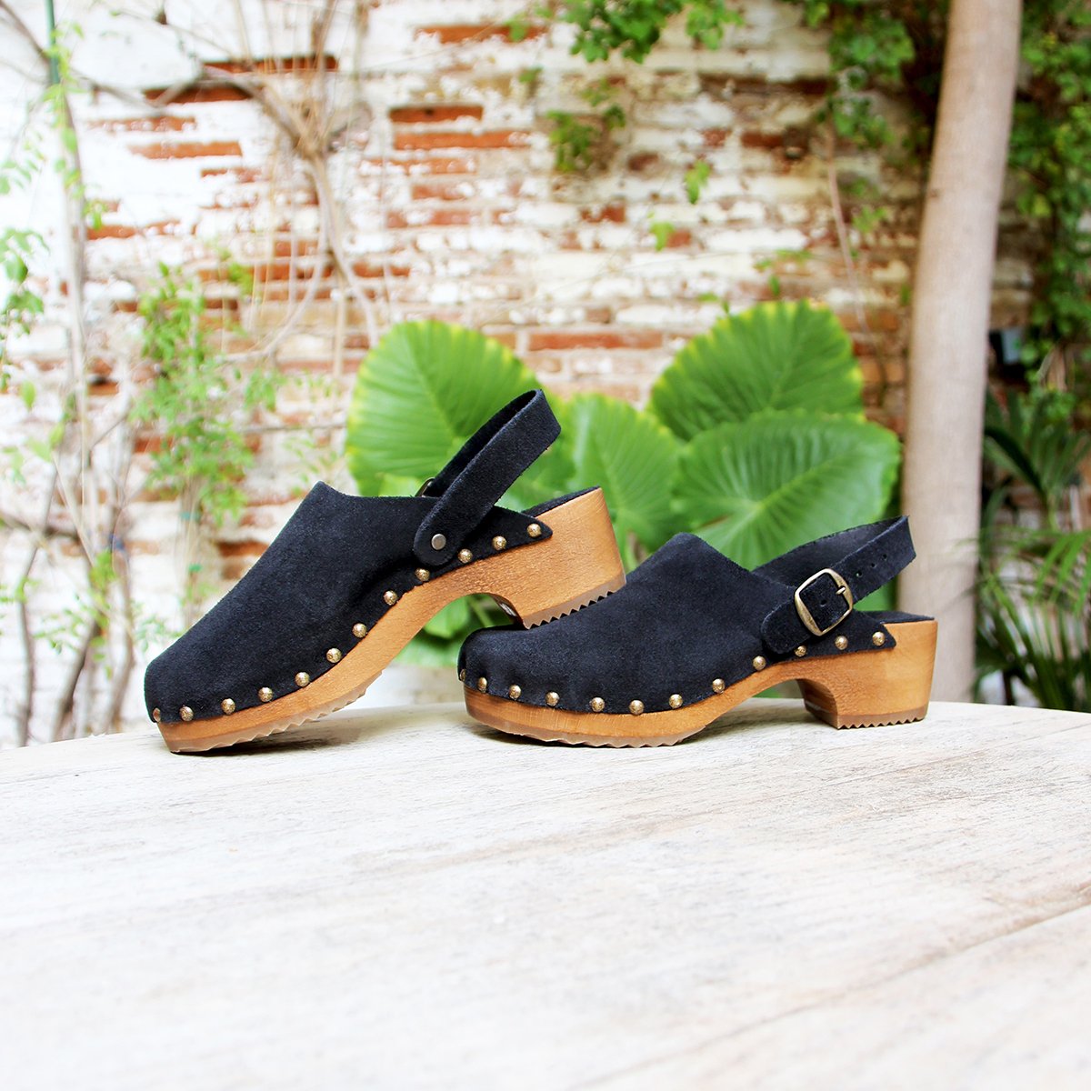 Suede strap clogs with wooden heel JULES & JENN Black