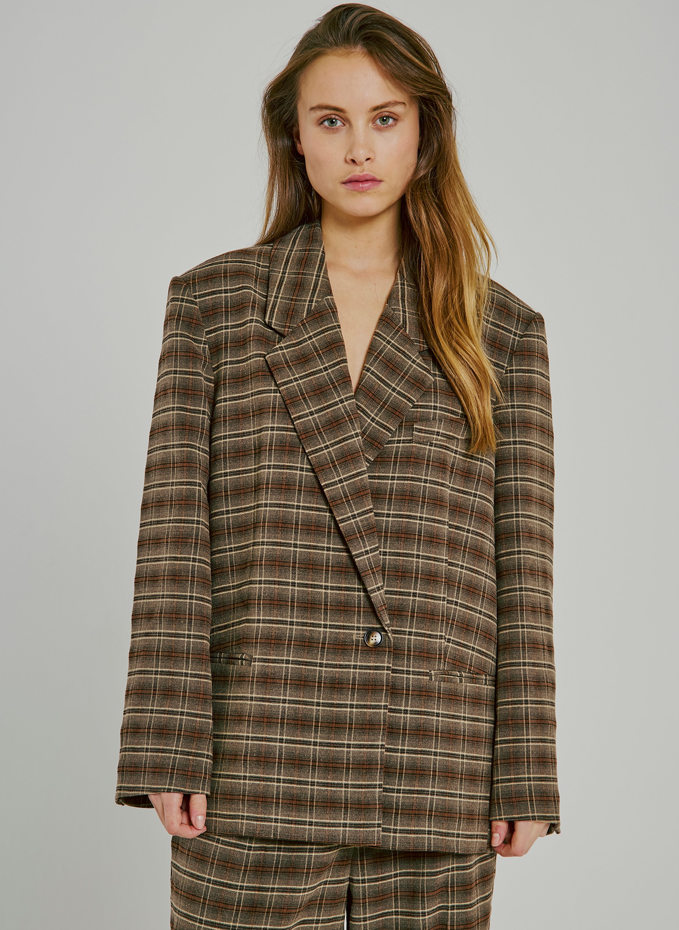 Oversized blazer jacket with a checked lapel. NORR Brown