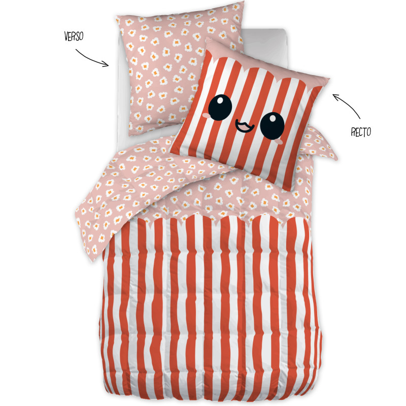 Duvet set in all dimensions "fresh popcorn" reversible 100% cotton / 57 threads/cm² L'EFFET PAPILLON Multicolored