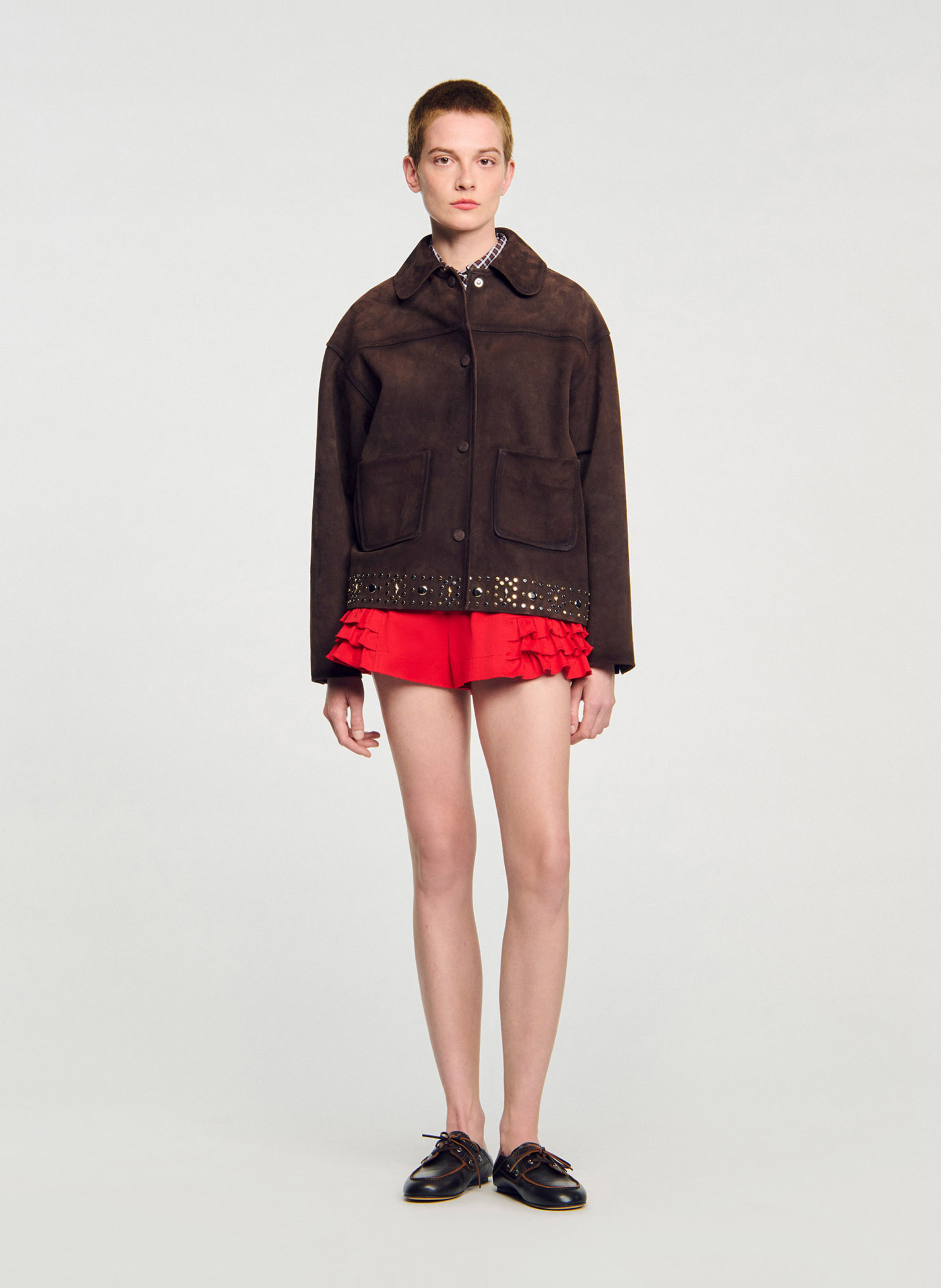 Leren top met klassieke kraag SANDRO Bruin